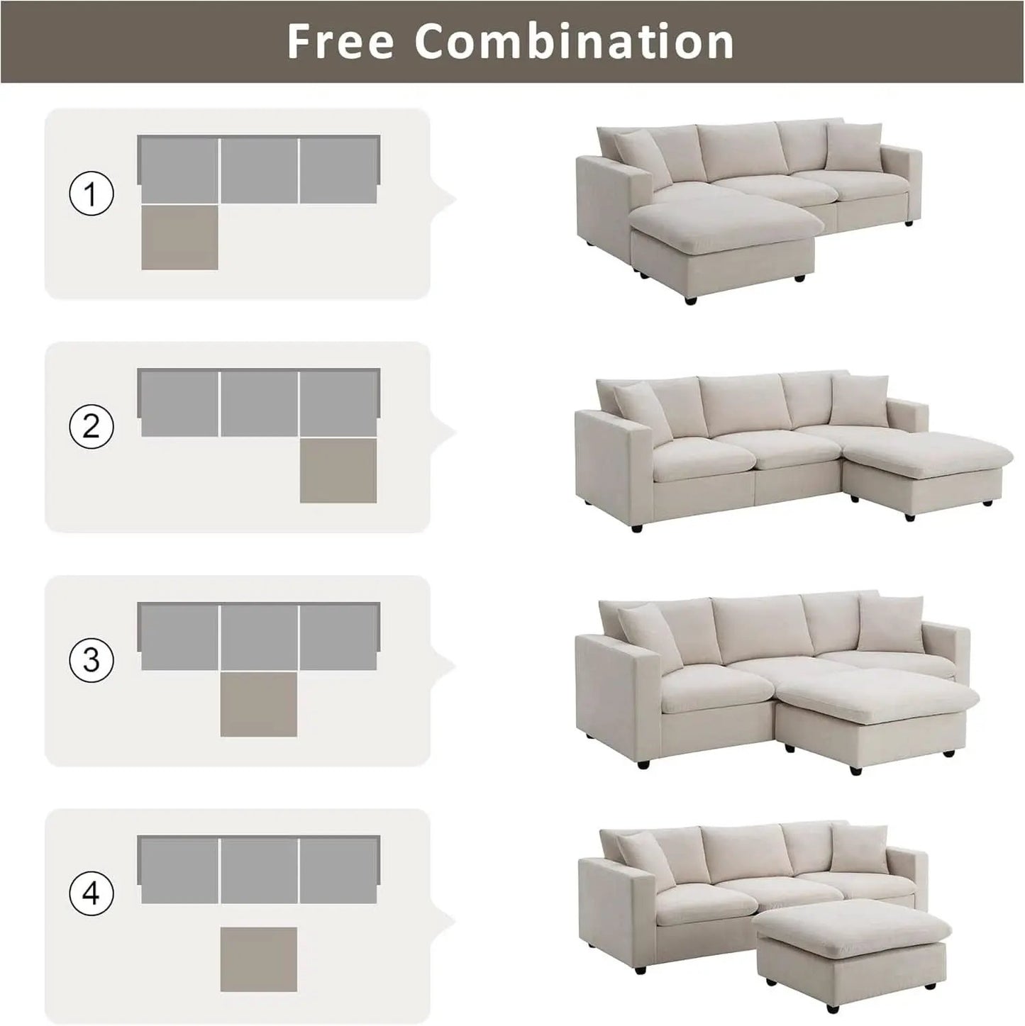 Modern L Shaped Beige Cloud Sofa With Convertible Ottoman from PriceLows™