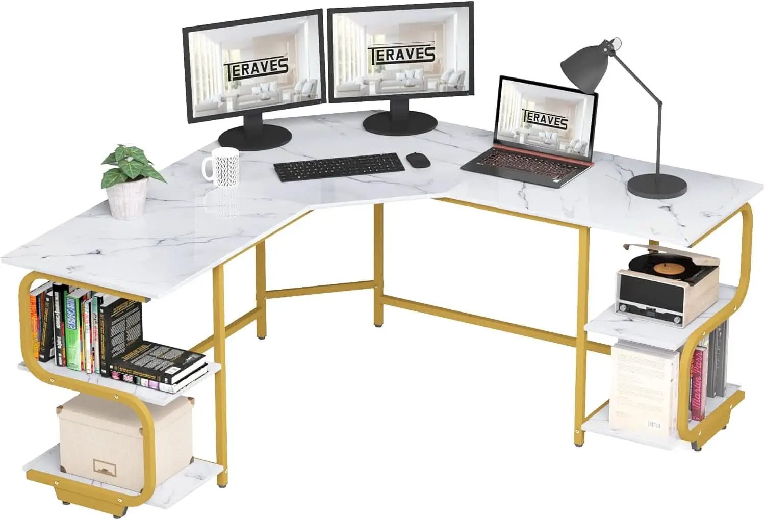 Modern L Shaped Desk with Large Shelves for Office from PriceLows™