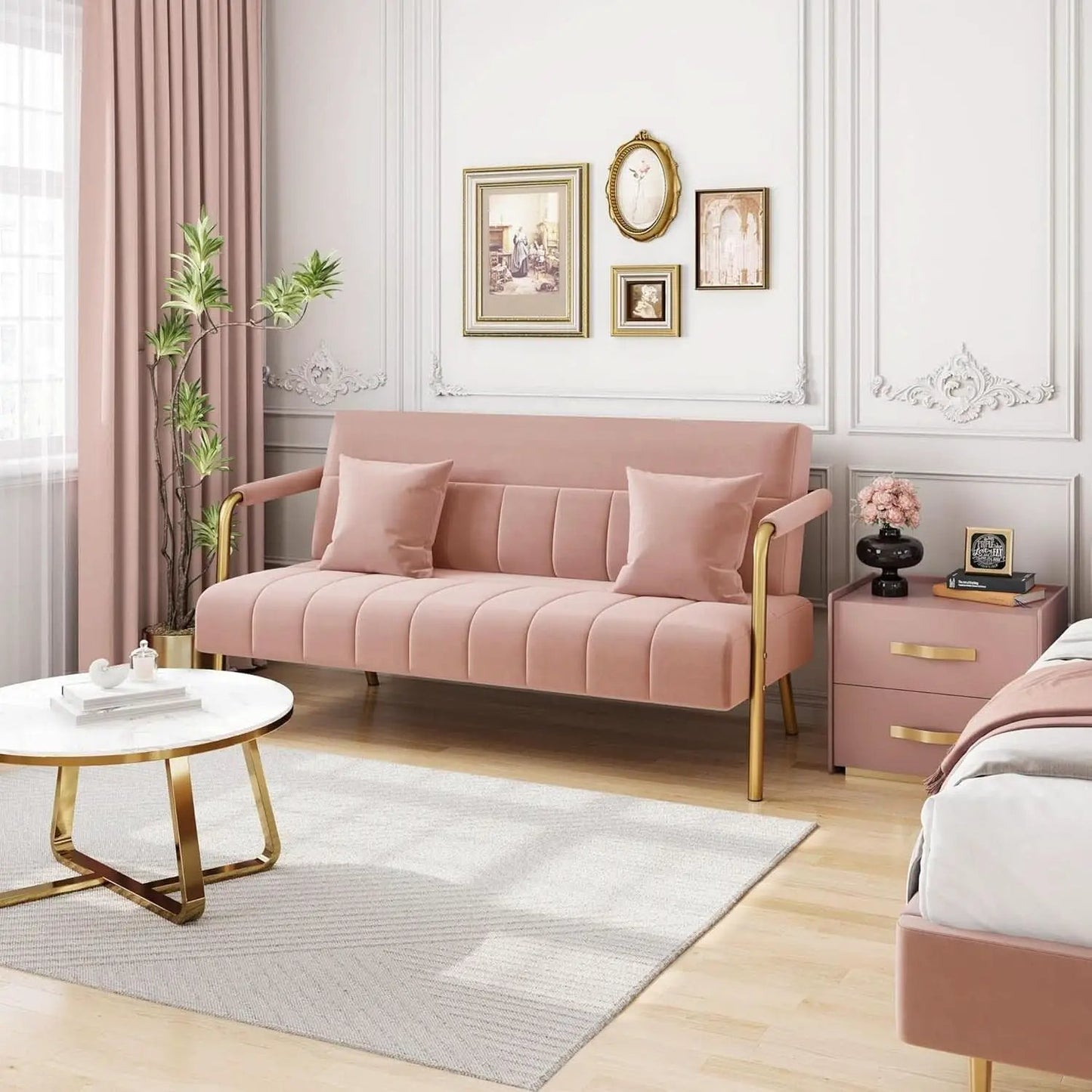 Modern Pink Velvet Sofa with Gold Arms for Living Room from PriceLows™