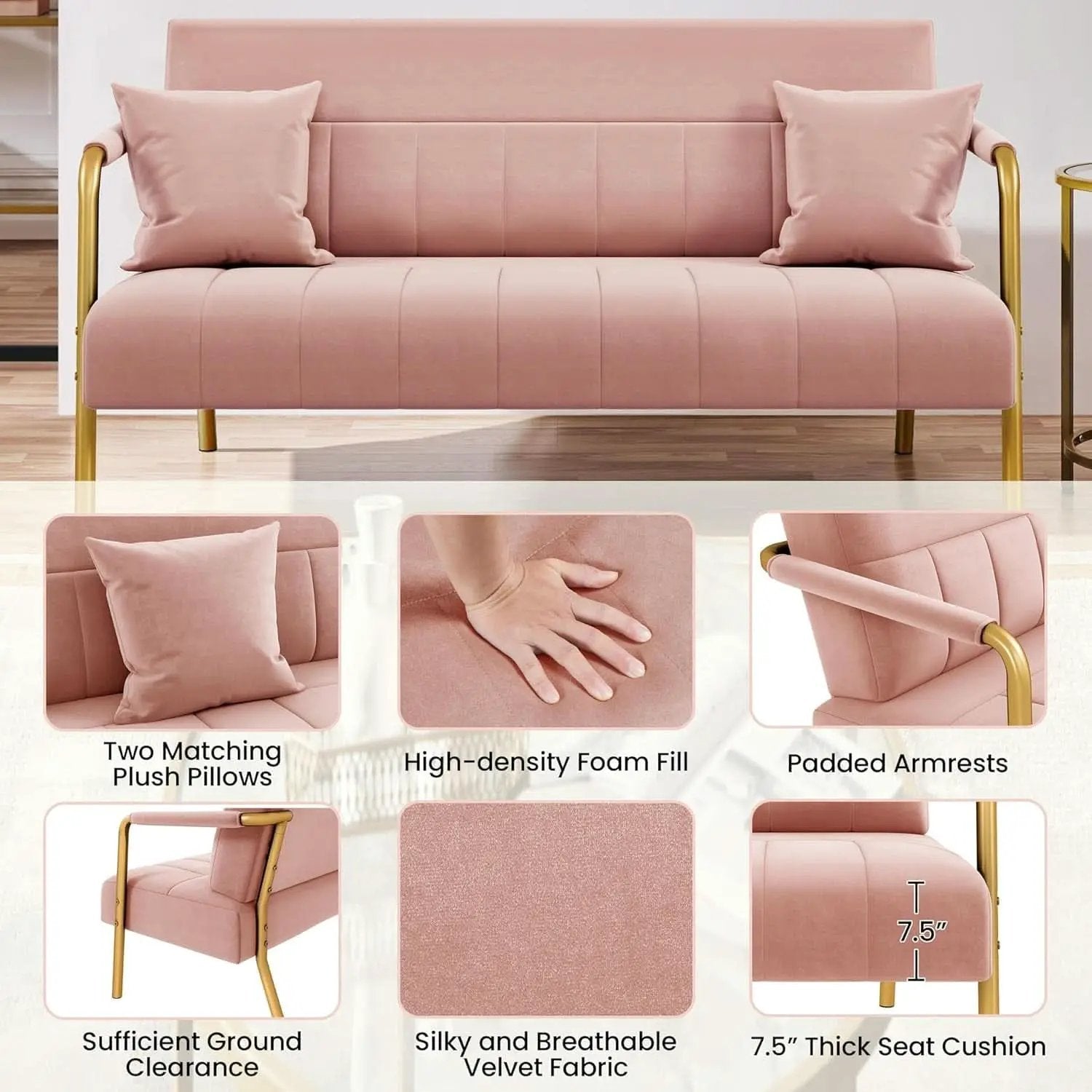 Modern Pink Velvet Sofa with Gold Arms for Living Room from PriceLows™