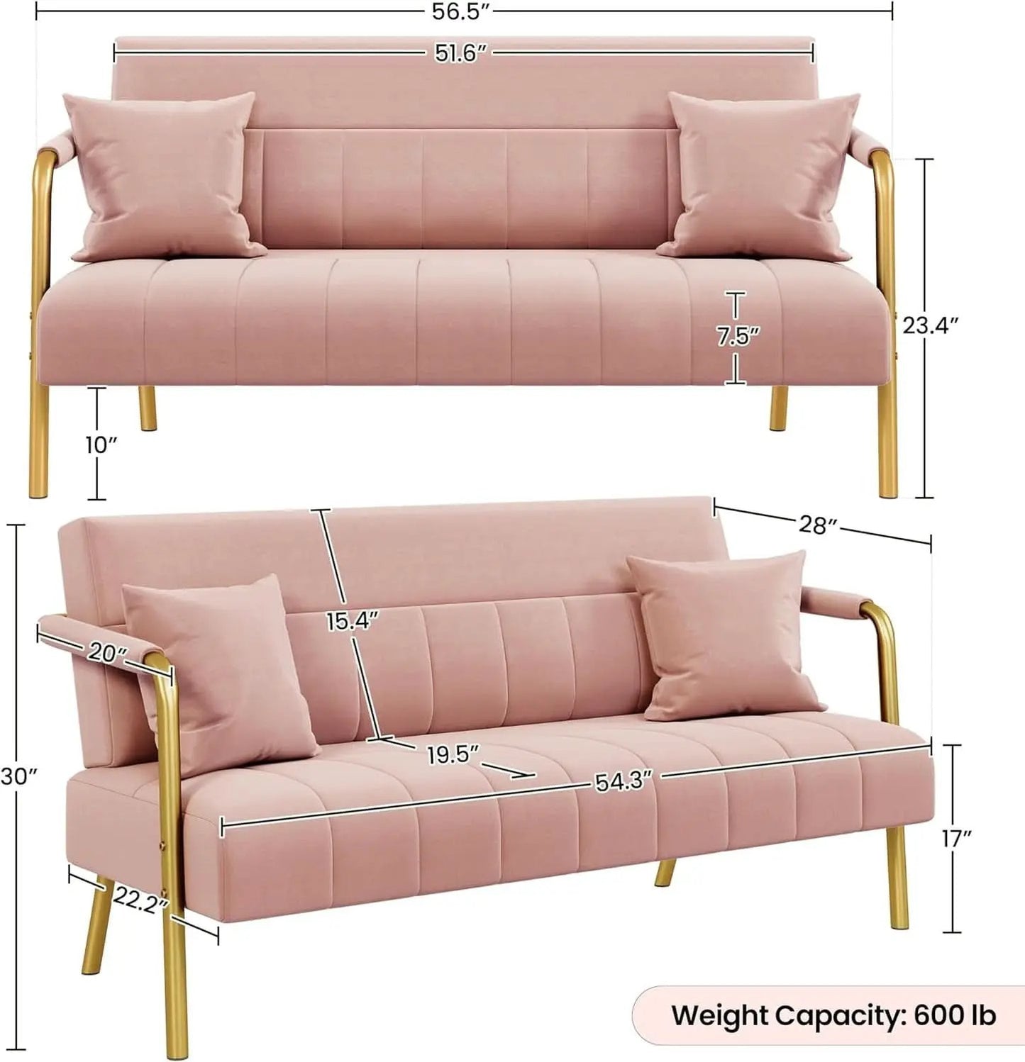 Modern Pink Velvet Sofa with Gold Arms for Living Room from PriceLows™