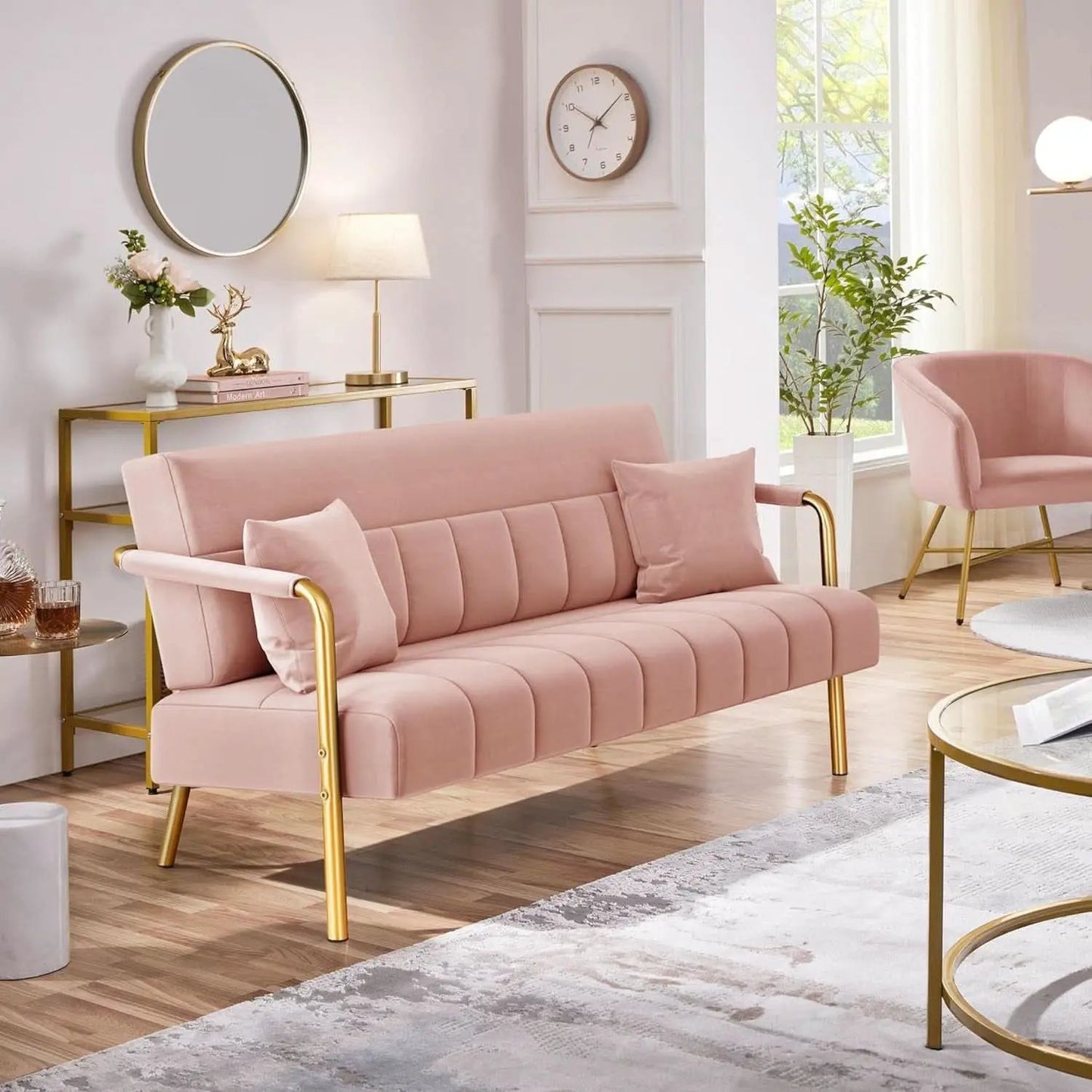 Modern Pink Velvet Sofa with Gold Arms for Living Room from PriceLows™