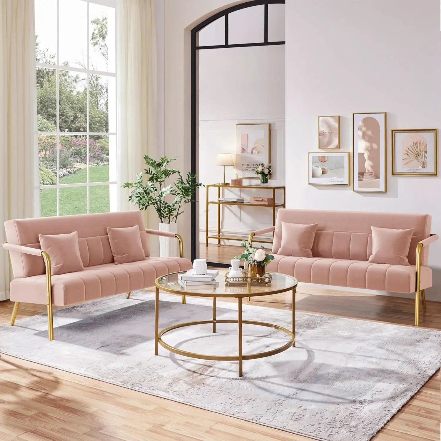 Modern Pink Velvet Sofa with Gold Arms for Living Room from PriceLows™