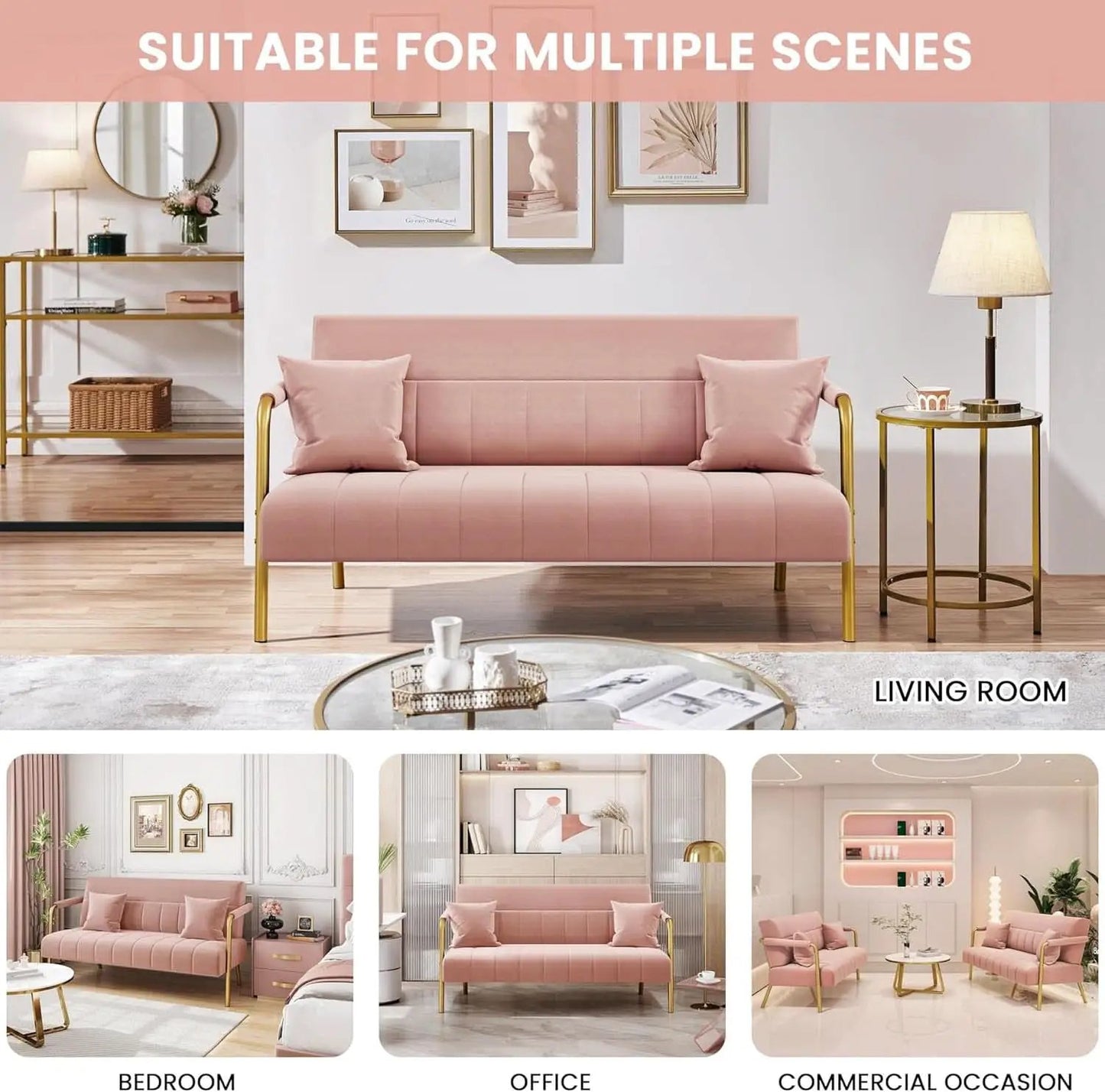 Modern Pink Velvet Sofa with Gold Arms for Living Room from PriceLows™