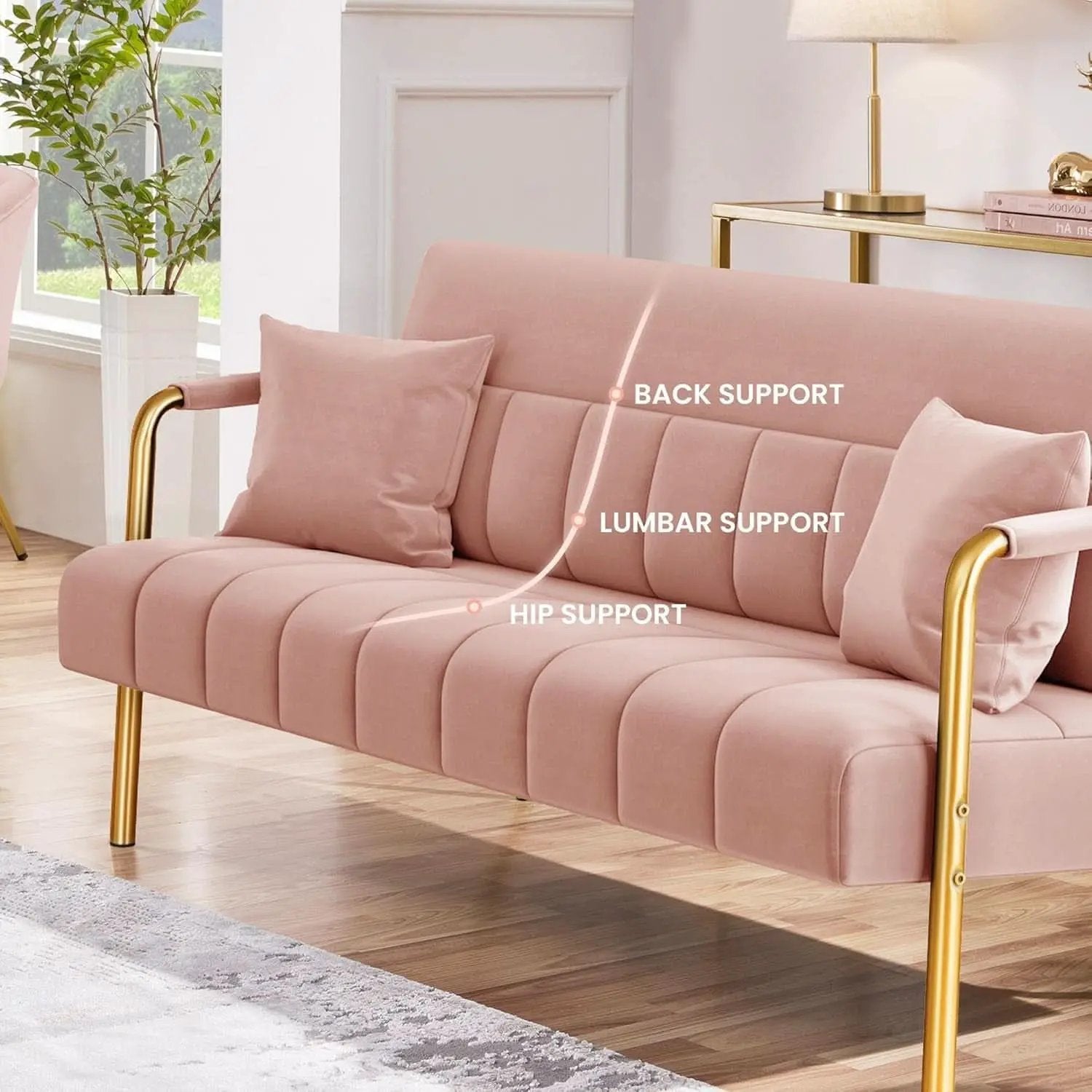 Modern Pink Velvet Sofa with Gold Arms for Living Room from PriceLows™