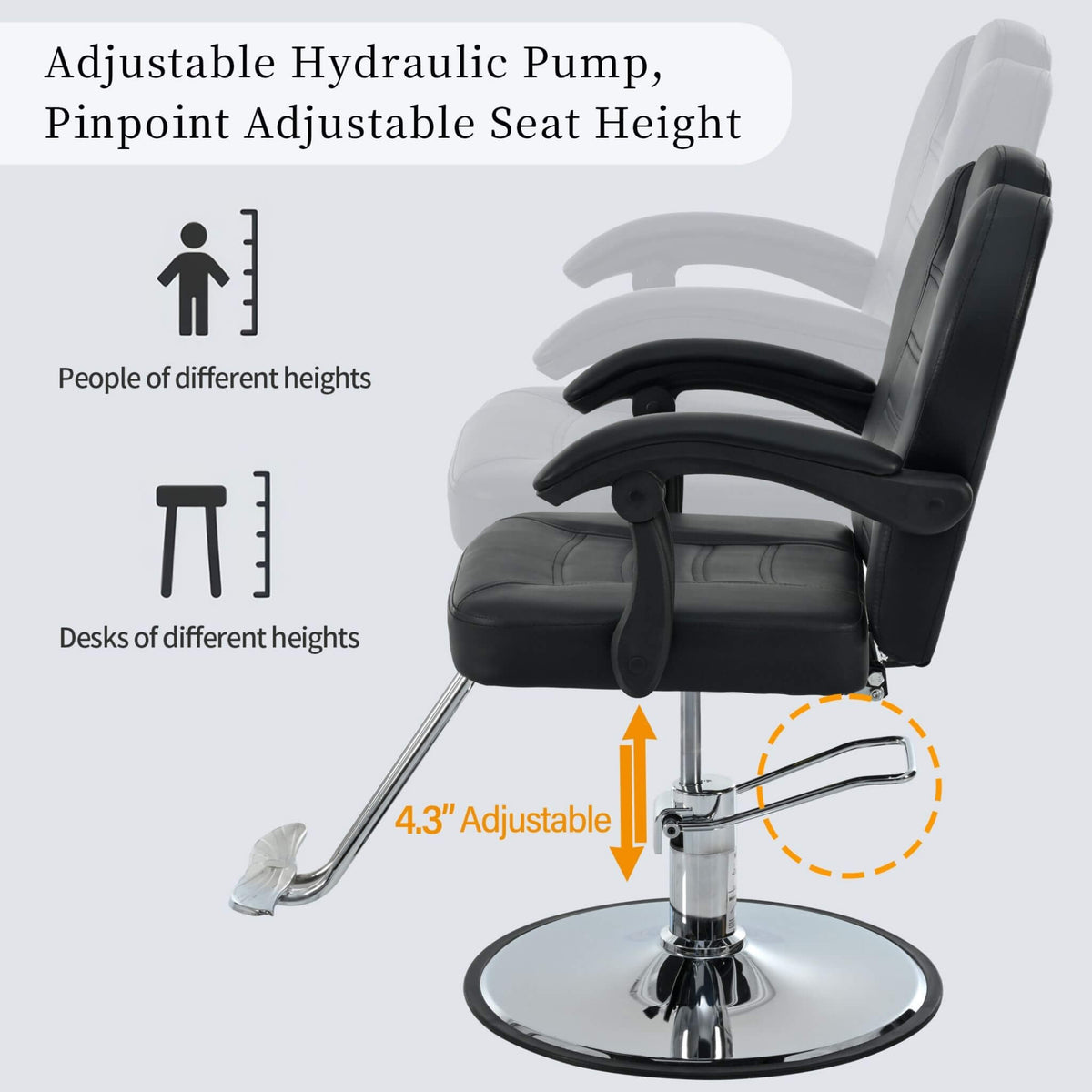 Reclining Barber Chair | Hydraulic Pump | 22.5 Inch Chrome Round Base | Adjustable Headrest
