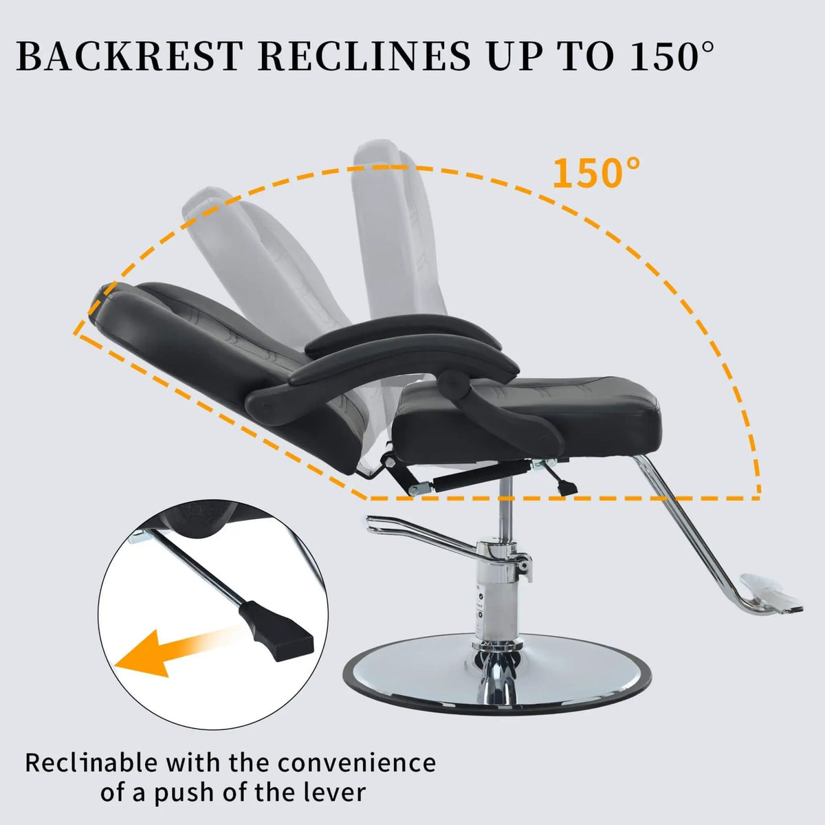 Reclining Barber Chair | Hydraulic Pump | 22.5 Inch Chrome Round Base | Adjustable Headrest