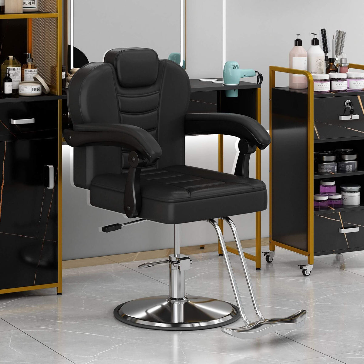 Reclining Barber Chair | Hydraulic Pump | 22.5 Inch Chrome Round Base | Adjustable Headrest