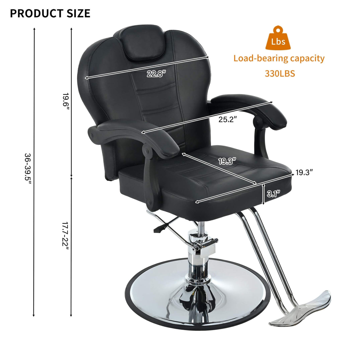 Reclining Barber Chair | Hydraulic Pump | 22.5 Inch Chrome Round Base | Adjustable Headrest