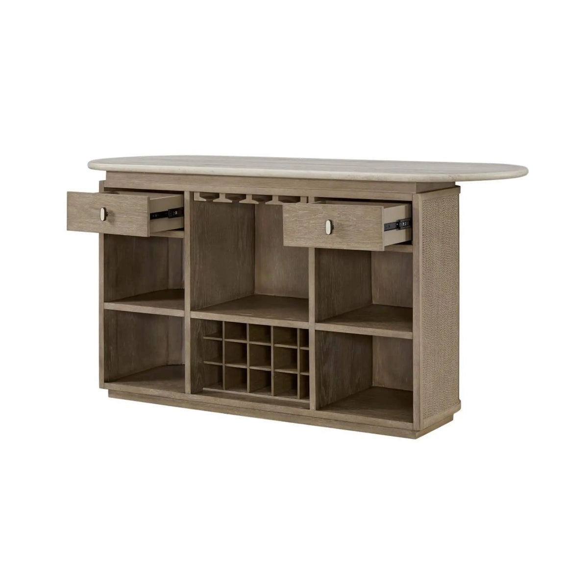 Home Bar Cabinet | Red Oak Wood | Travertine Stone Top | Natural Rope Front