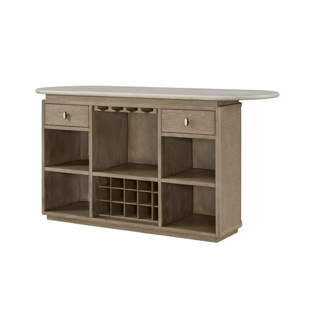 Home Bar Cabinet | Red Oak Wood | Travertine Stone Top | Natural Rope Front