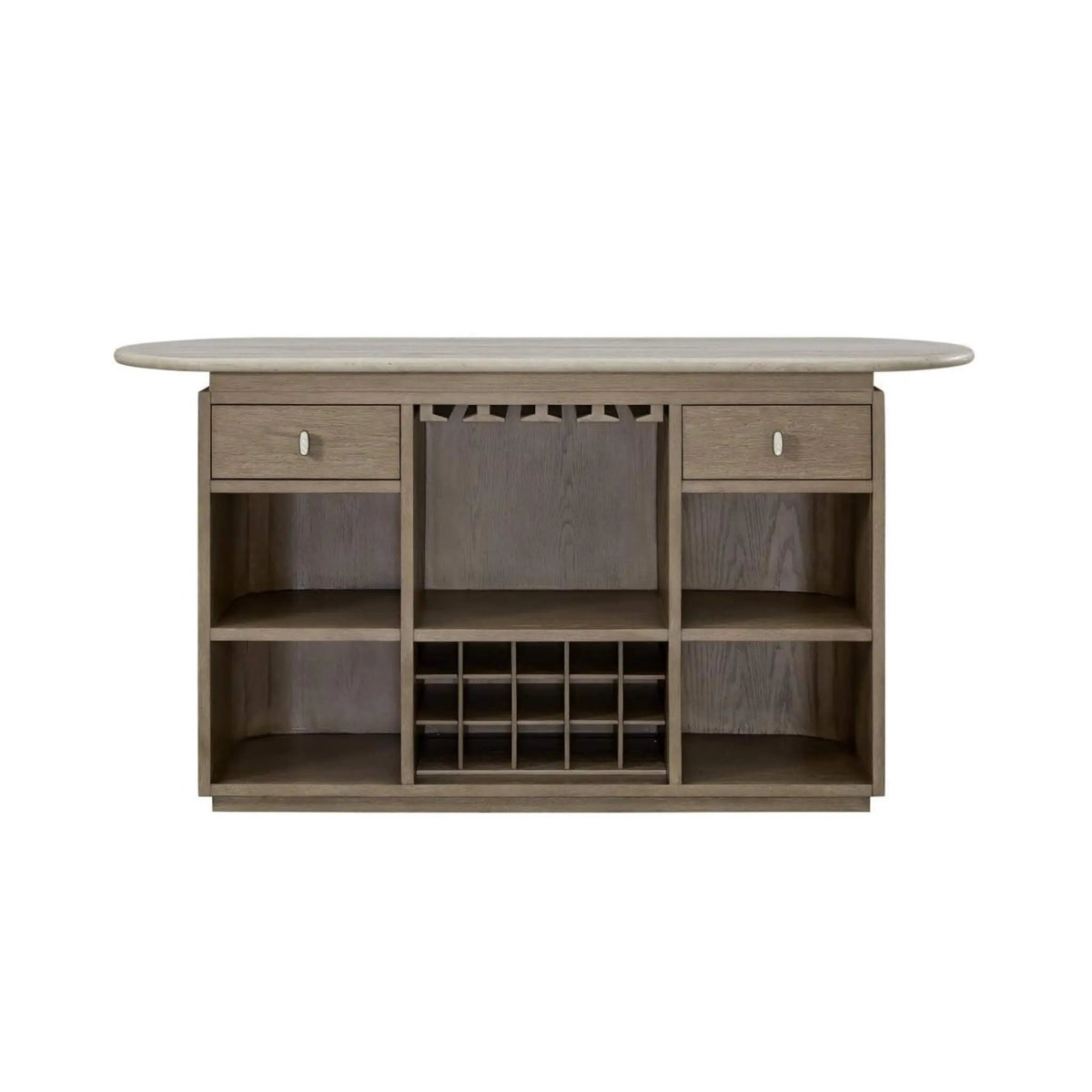 Home Bar Cabinet | Red Oak Wood | Travertine Stone Top | Natural Rope Front