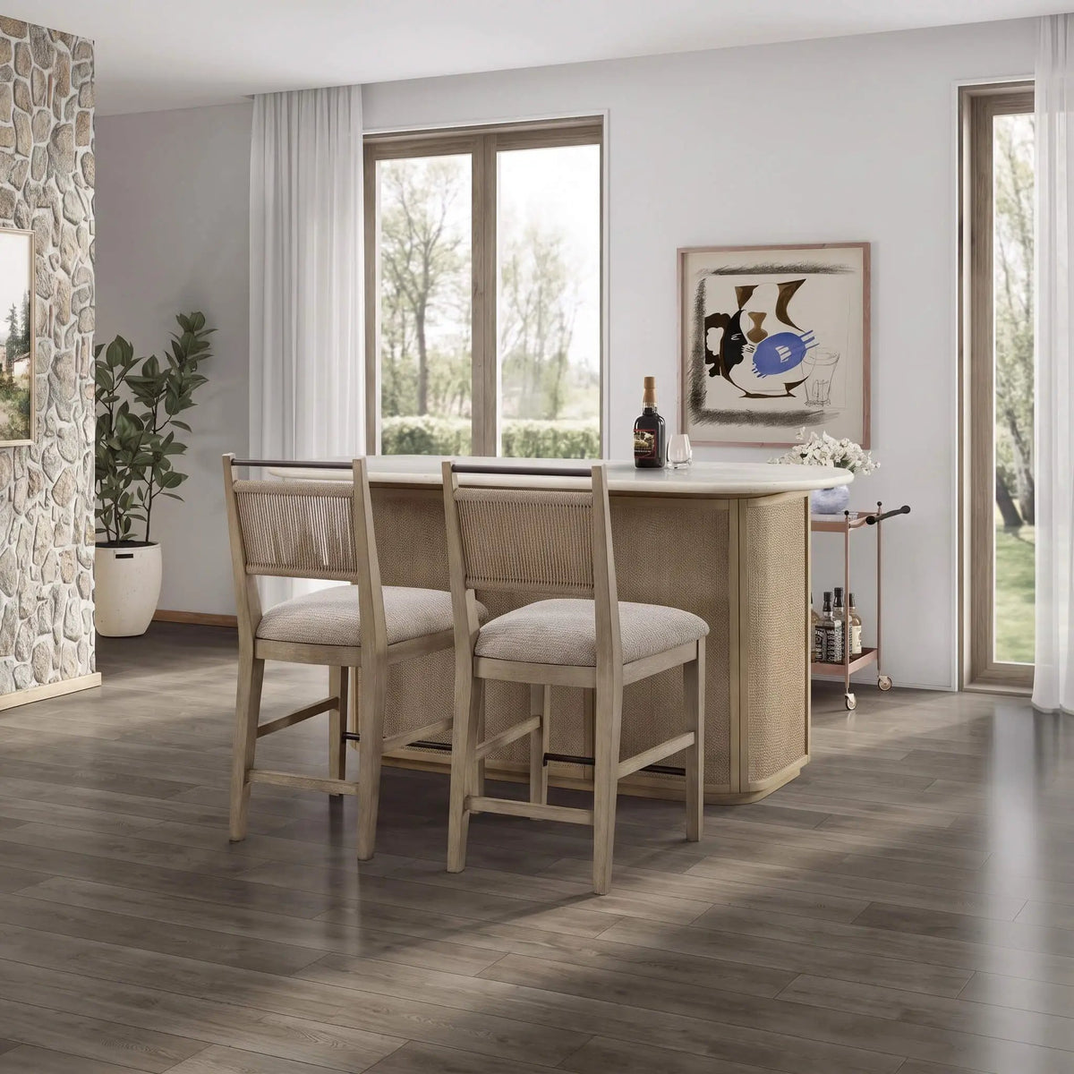 Home Bar Cabinet | Red Oak Wood | Travertine Stone Top | Natural Rope Front