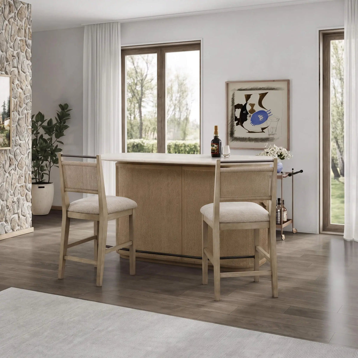 Home Bar Cabinet | Red Oak Wood | Travertine Stone Top | Natural Rope Front