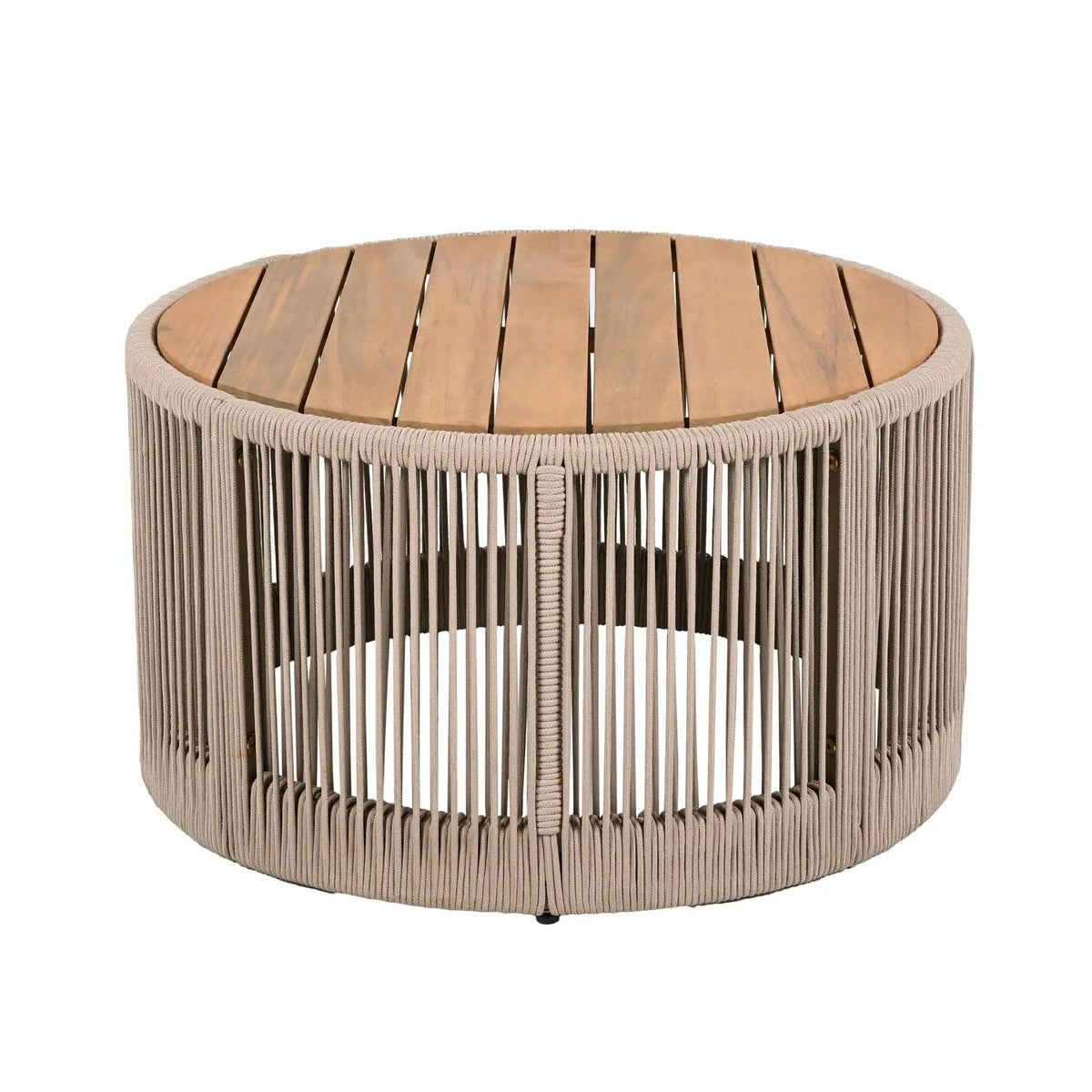 Outdoor Coffee Table And Side Table Set | Modern Rustic Style | Woven Rope Design | Acacia Wood And Iron