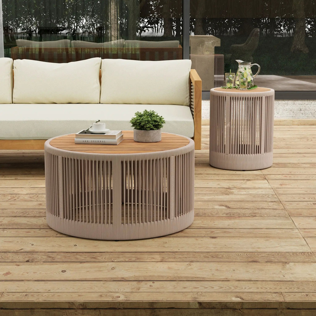 Outdoor Coffee Table And Side Table Set | Modern Rustic Style | Woven Rope Design | Acacia Wood And Iron