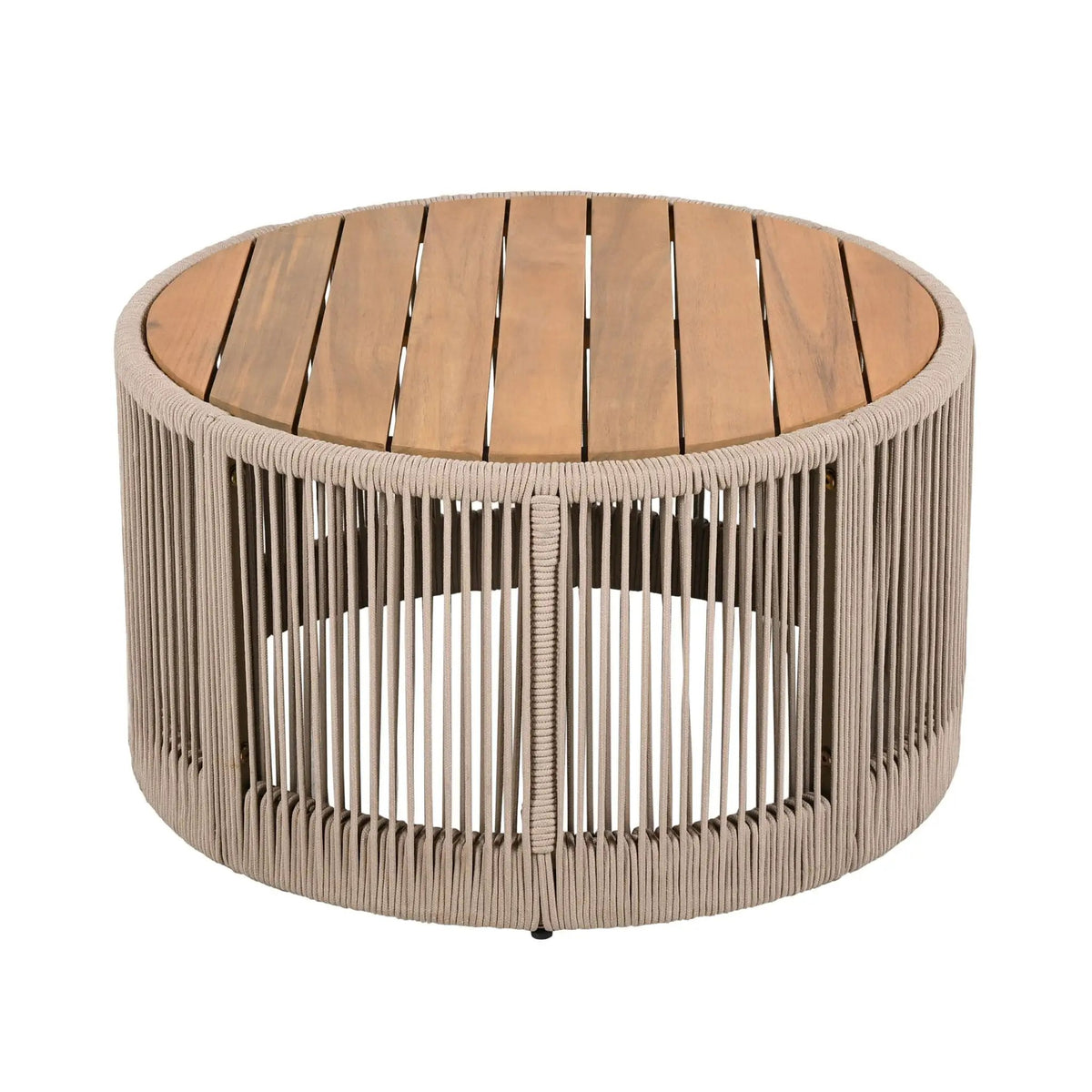 Outdoor Coffee Table And Side Table Set | Modern Rustic Style | Woven Rope Design | Acacia Wood And Iron