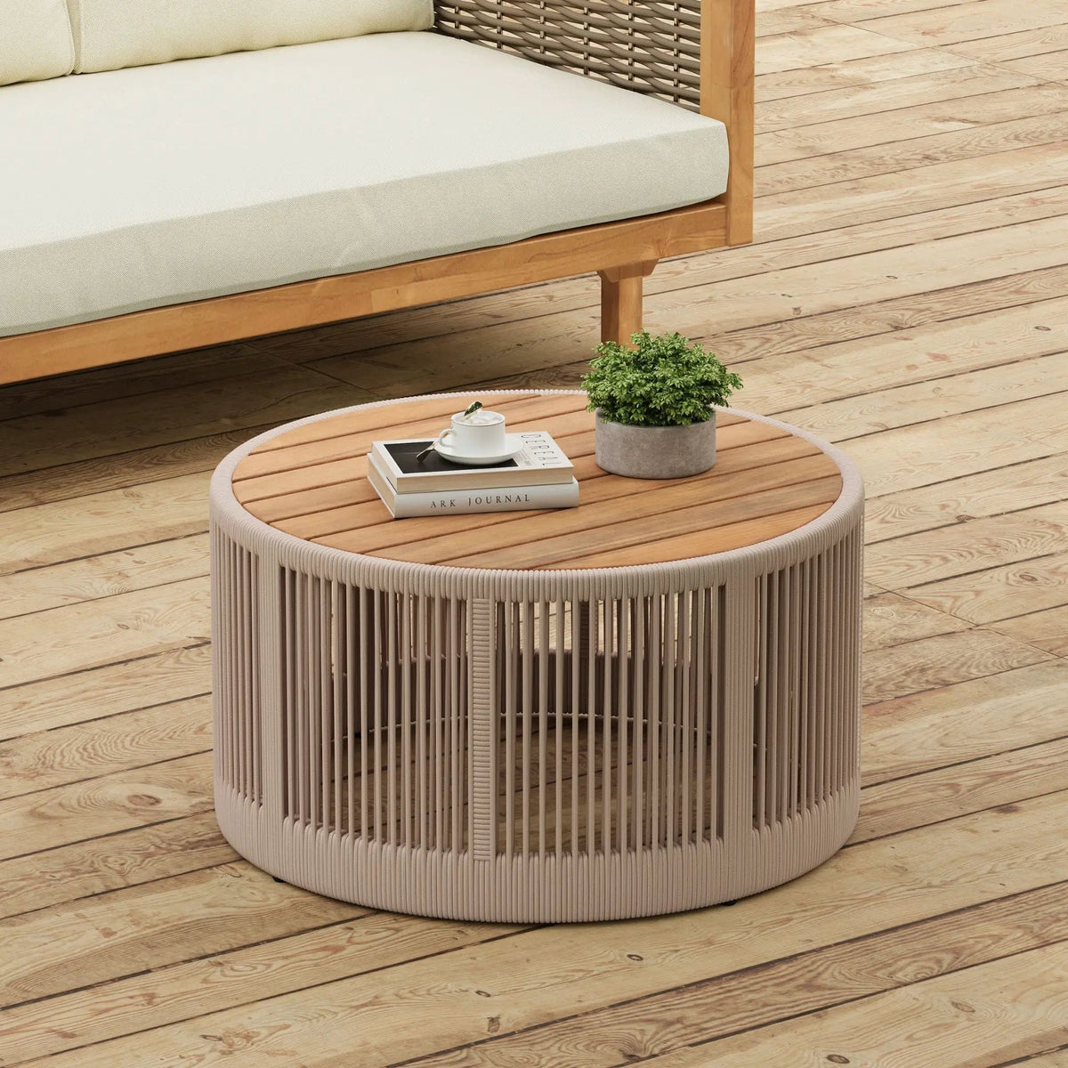 Outdoor Coffee Table And Side Table Set | Modern Rustic Style | Woven Rope Design | Acacia Wood And Iron