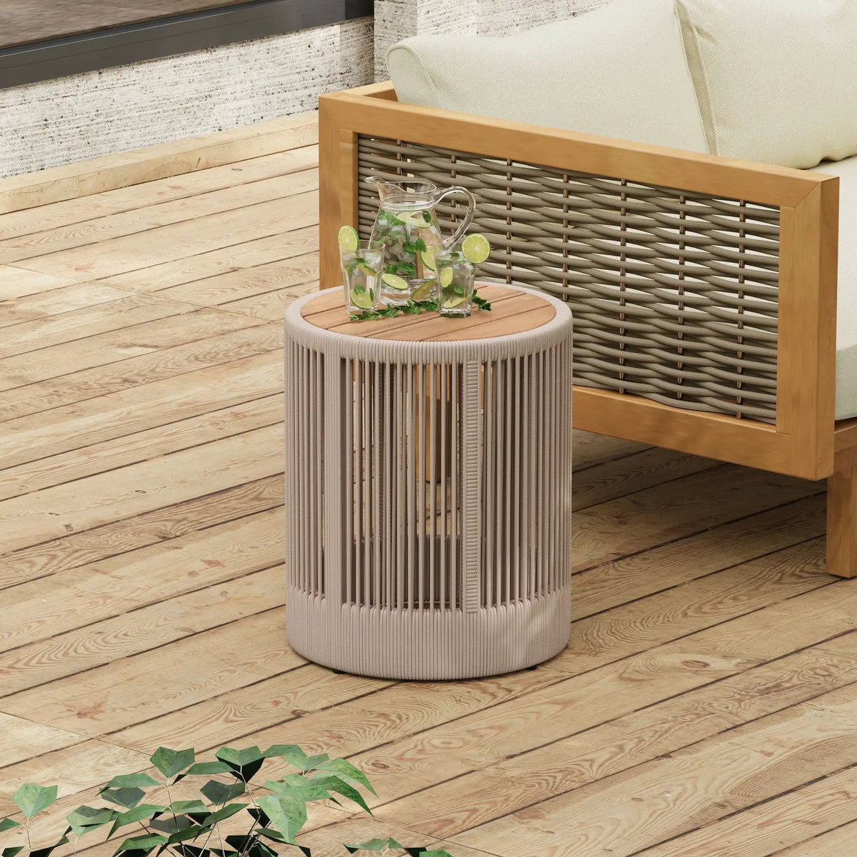 Outdoor Coffee Table And Side Table Set | Modern Rustic Style | Woven Rope Design | Acacia Wood And Iron
