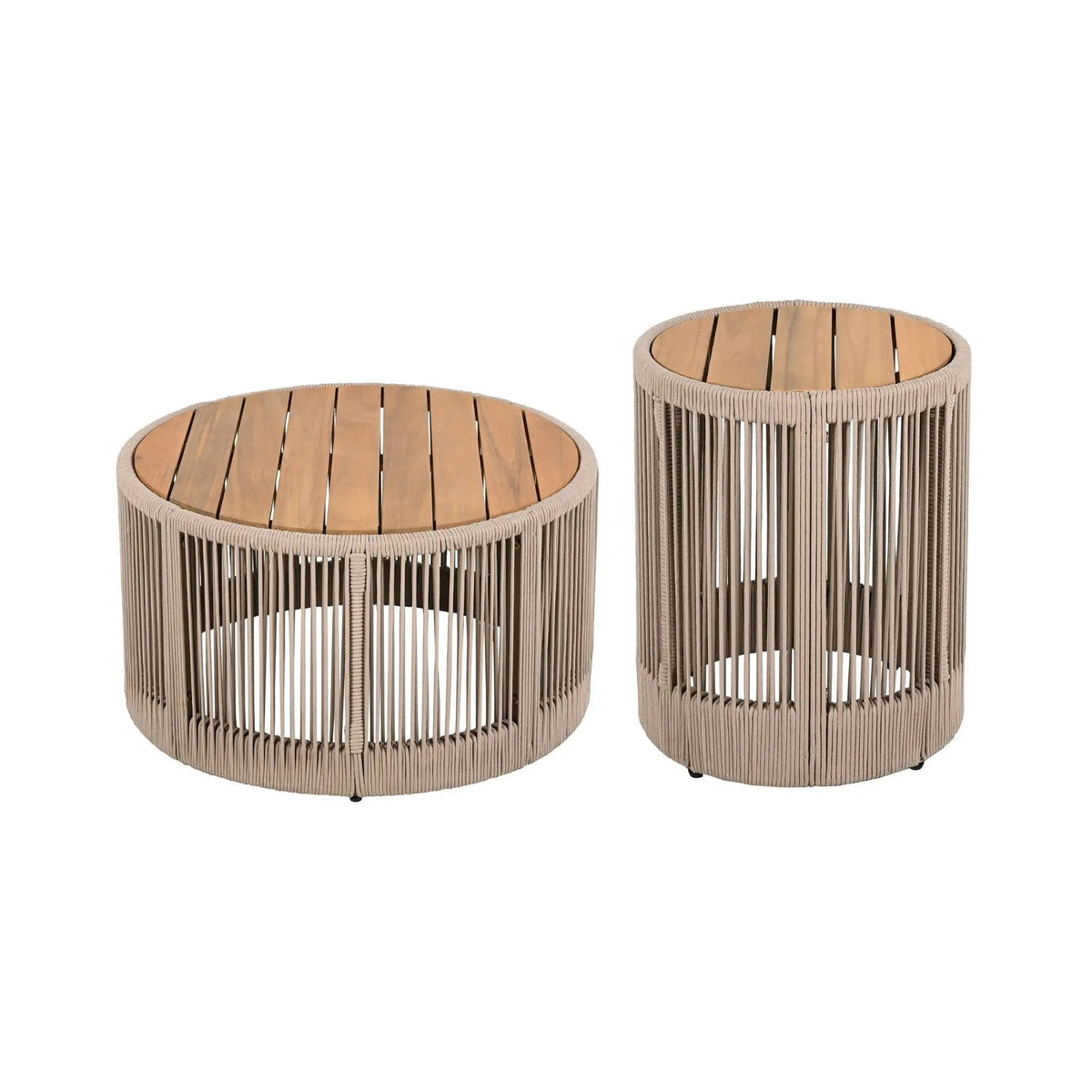 Outdoor Coffee Table And Side Table Set | Modern Rustic Style | Woven Rope Design | Acacia Wood And Iron