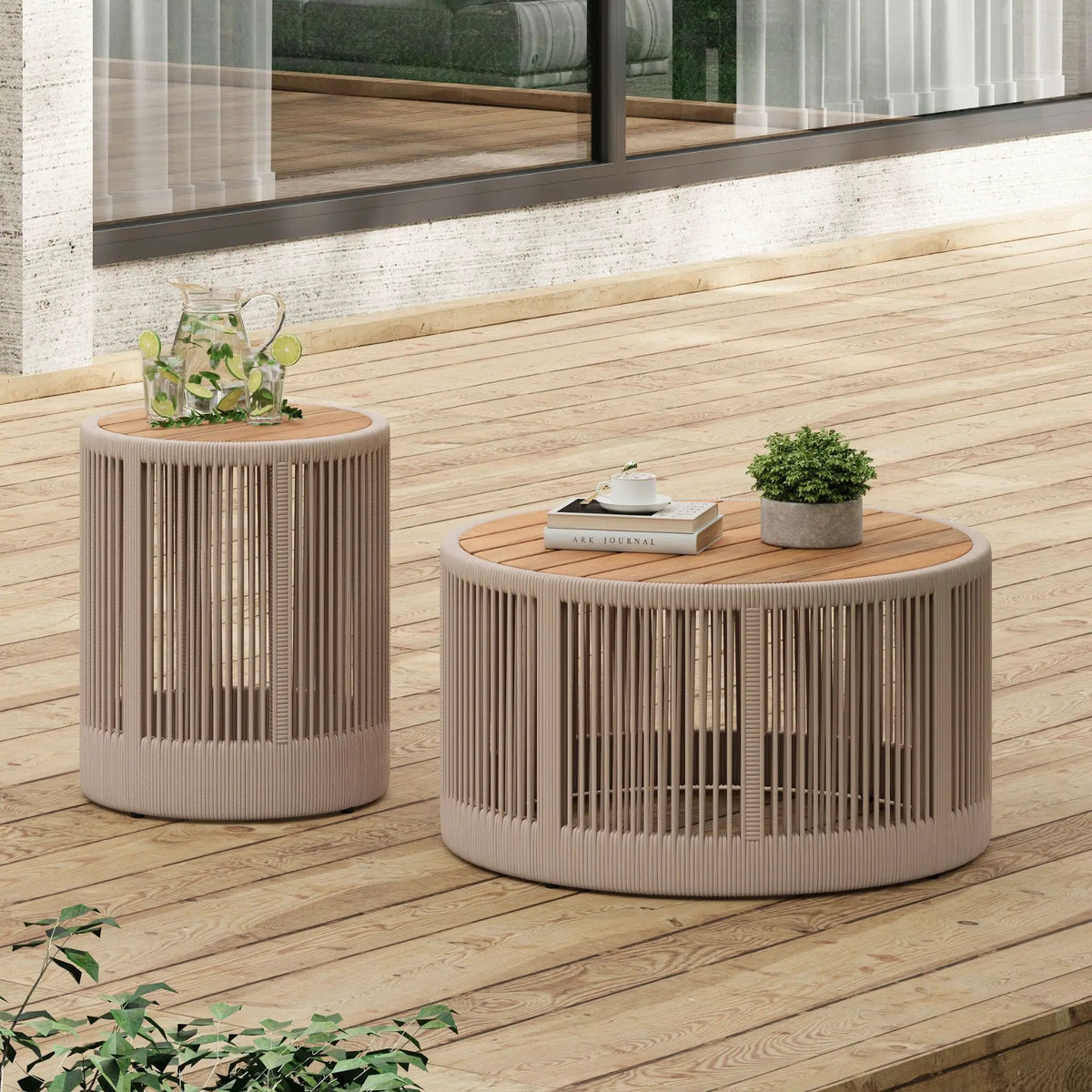 Outdoor Coffee Table And Side Table Set | Modern Rustic Style | Woven Rope Design | Acacia Wood And Iron