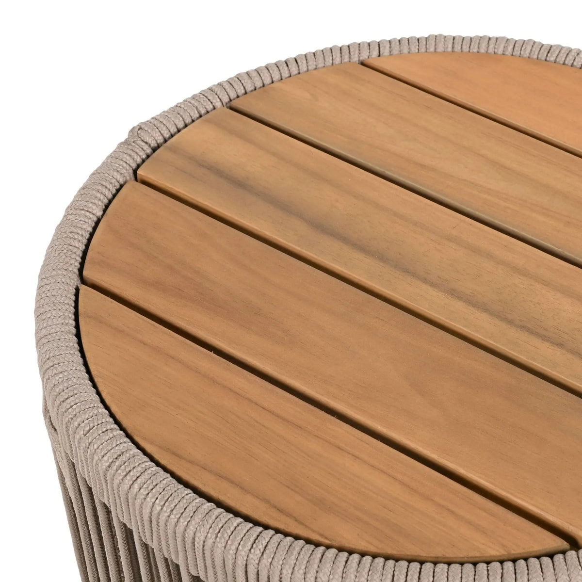 Outdoor Coffee Table And Side Table Set | Modern Rustic Style | Woven Rope Design | Acacia Wood And Iron