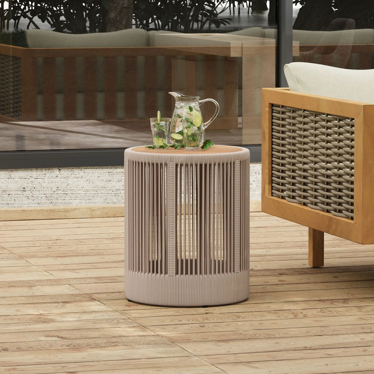 Outdoor Coffee Table And Side Table Set | Modern Rustic Style | Woven Rope Design | Acacia Wood And Iron