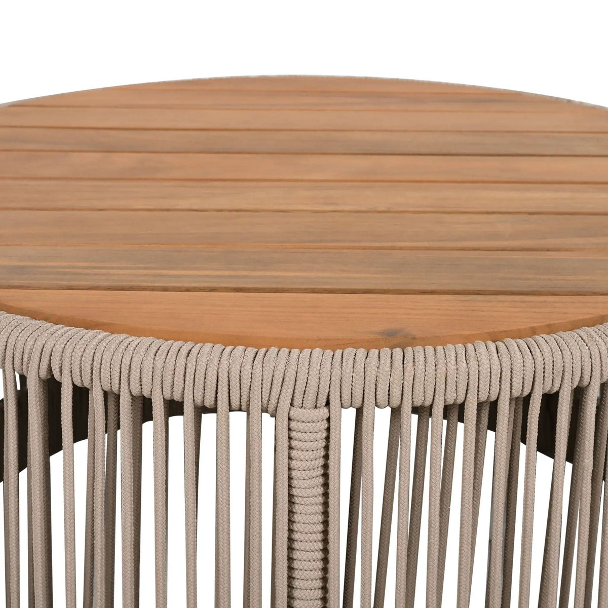 Outdoor Coffee Table And Side Table Set | Modern Rustic Style | Woven Rope Design | Acacia Wood And Iron