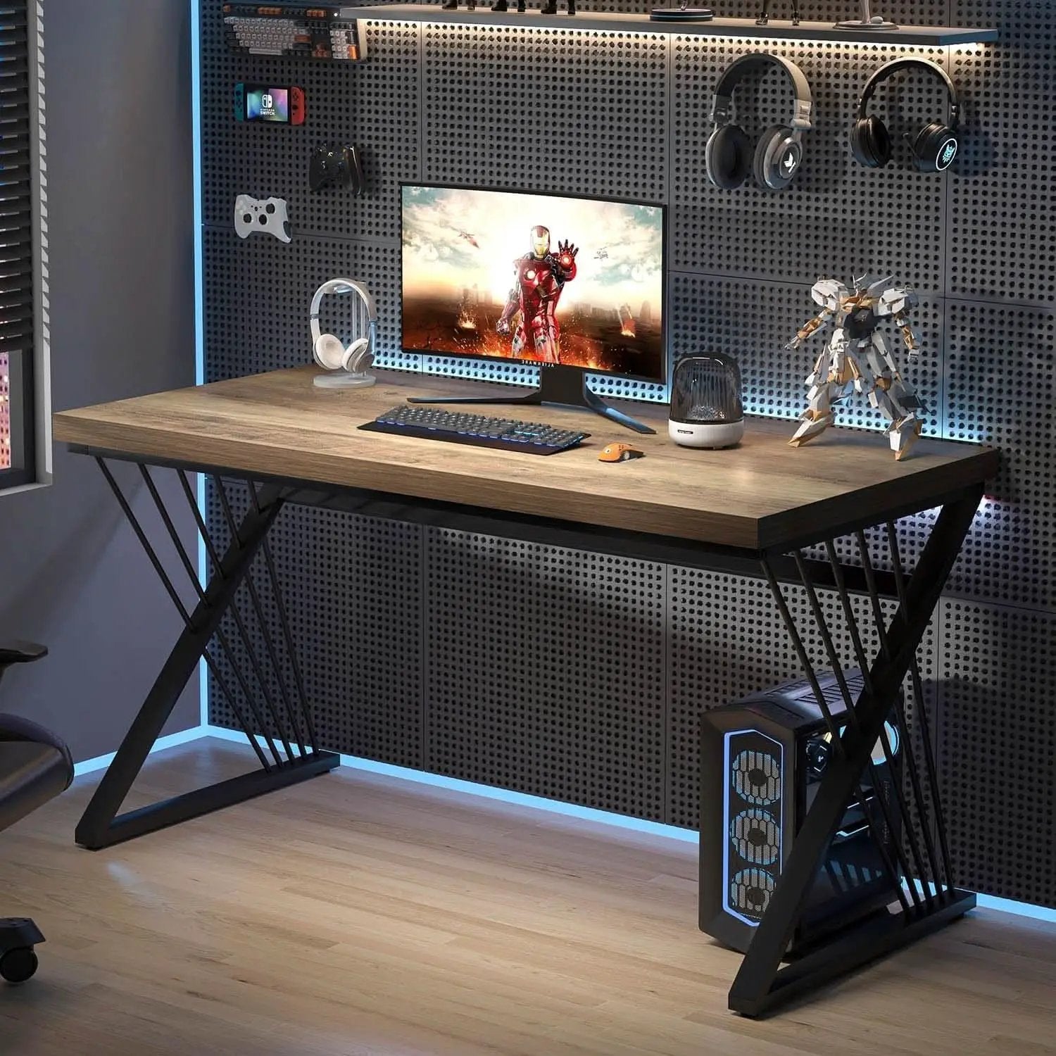 Modern Rustic Oak Computer Desk with Sturdy Metal Frame from PriceLows™
