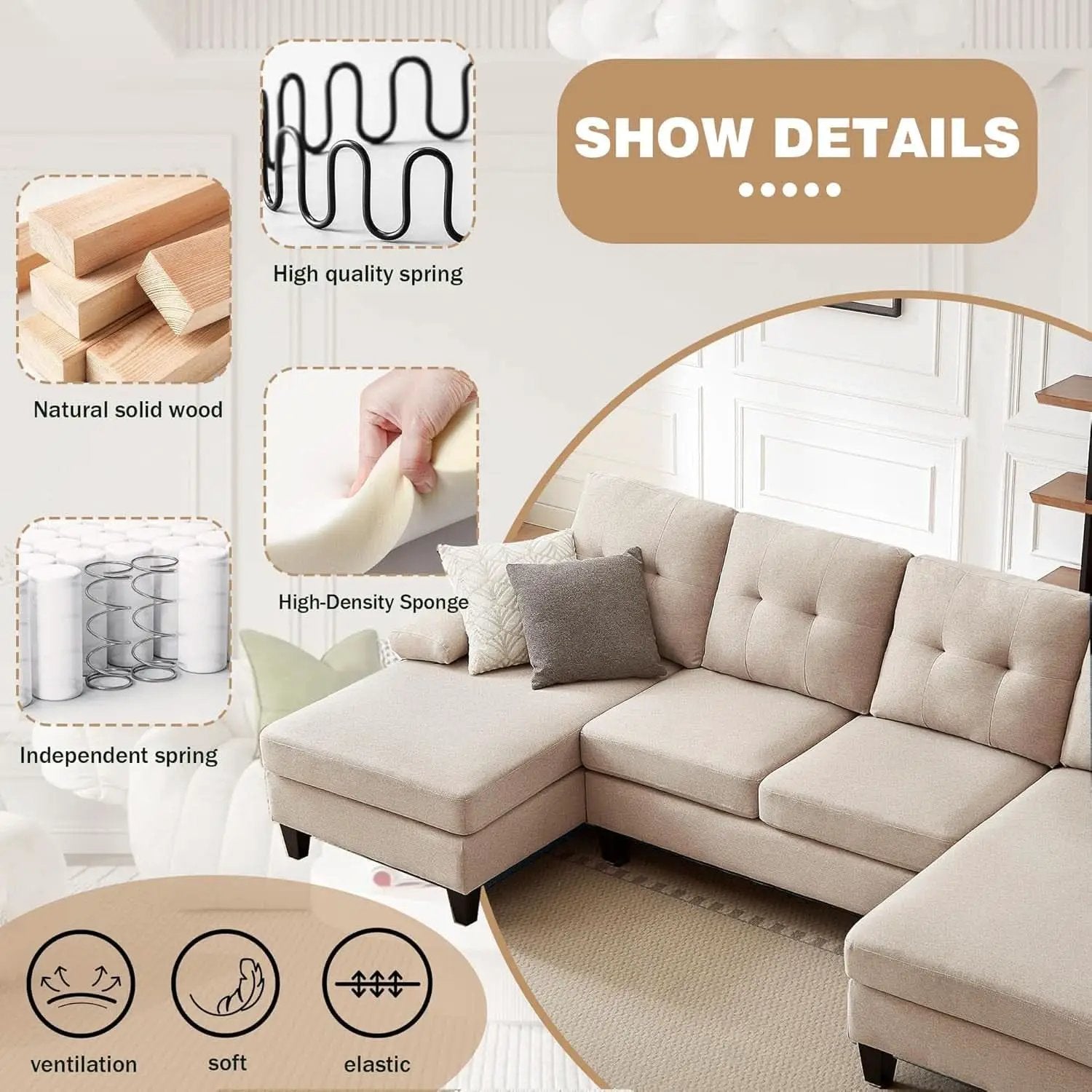 Modern U Shaped Sectional Couch With Double Chaise from PriceLows™