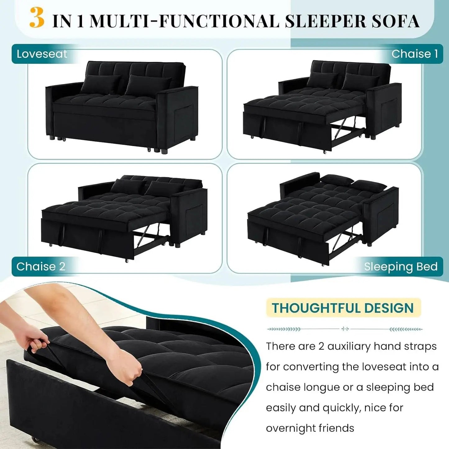 Modern Velvet 3 in 1 Convertible Sleeper Sofa Bed from PriceLows™