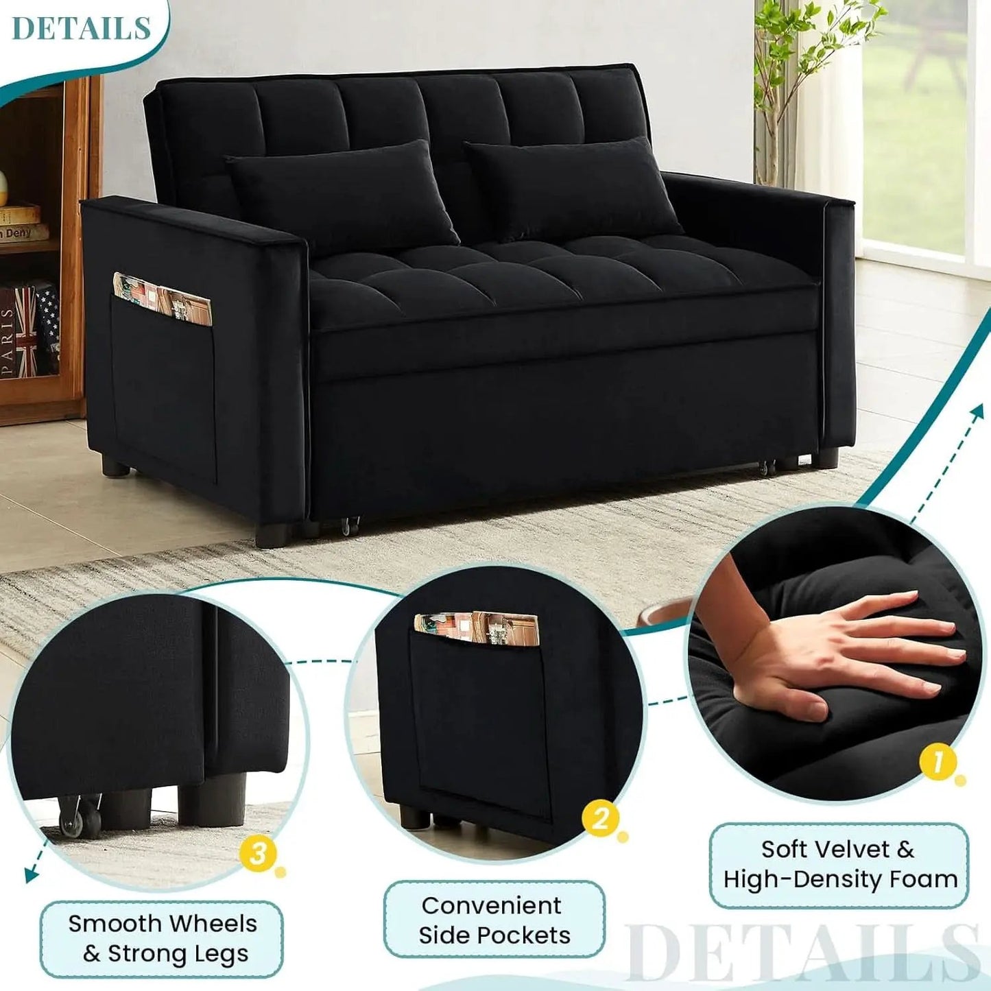 Modern Velvet 3 in 1 Convertible Sleeper Sofa Bed from PriceLows™