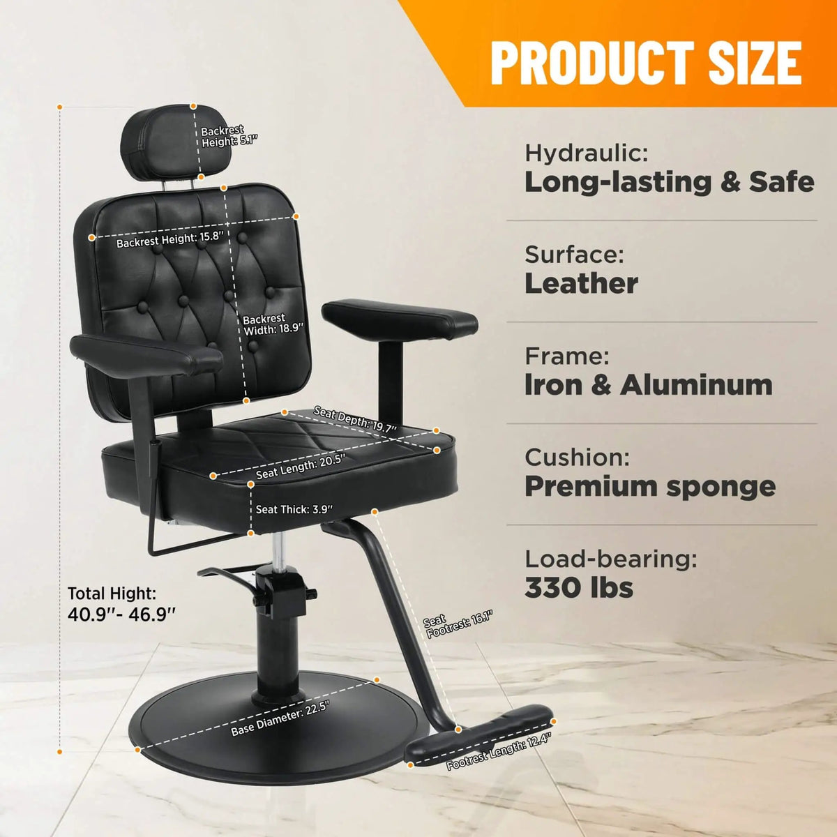 Vintage Hydraulic Barber Chair | PU Leather | Reclining Backrest | Non-Slip Heavy-Duty Base