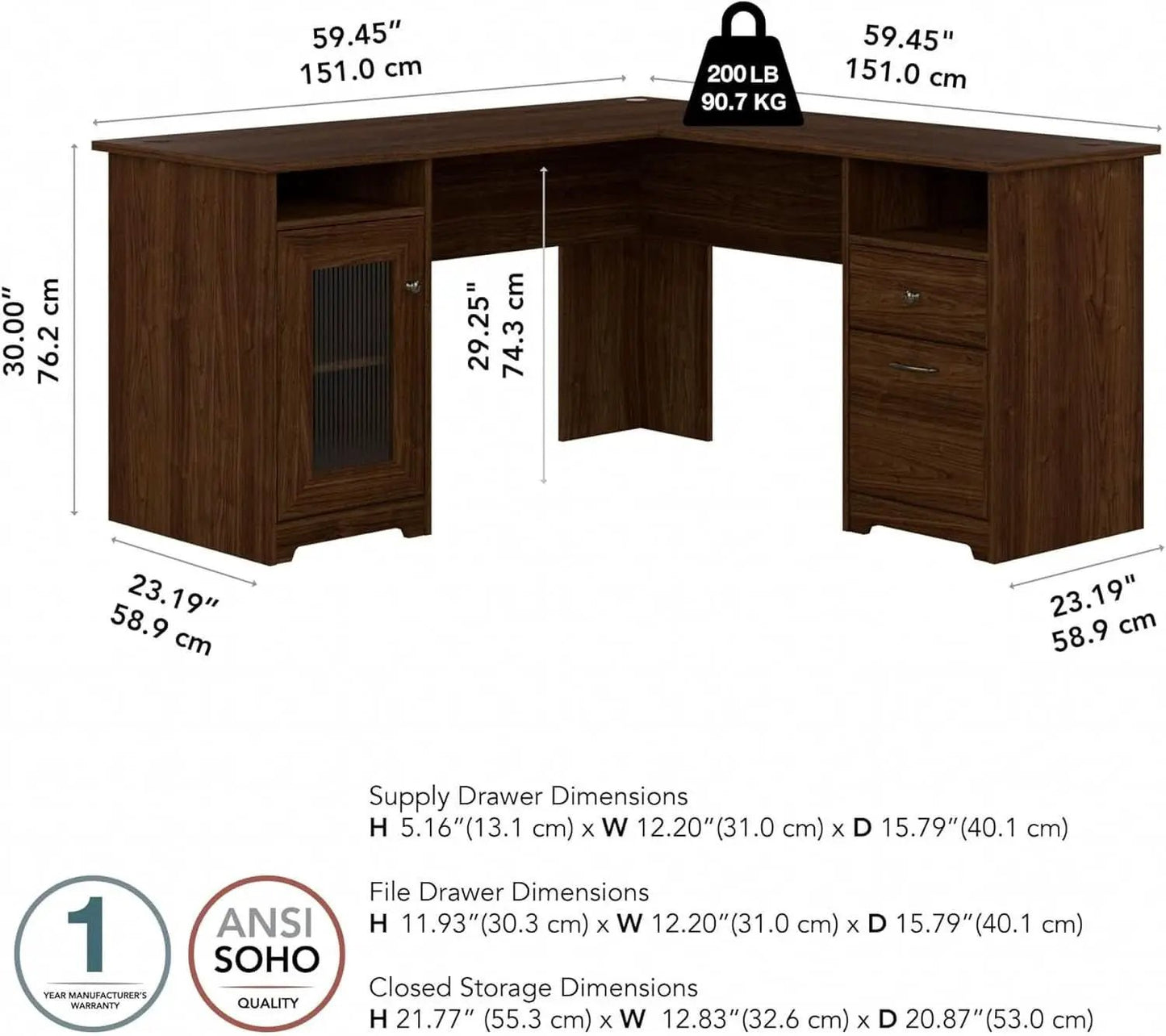 Modern Walnut L Shaped Computer Desk with Drawers from PriceLows™