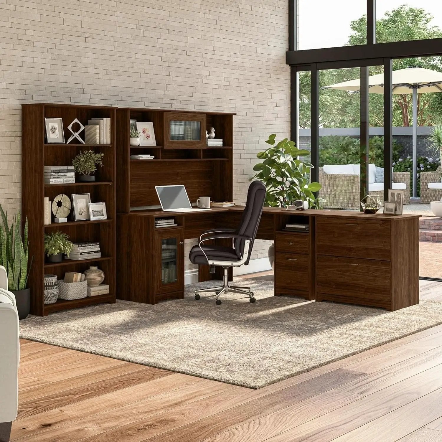 Modern Walnut L Shaped Computer Desk with Drawers from PriceLows™