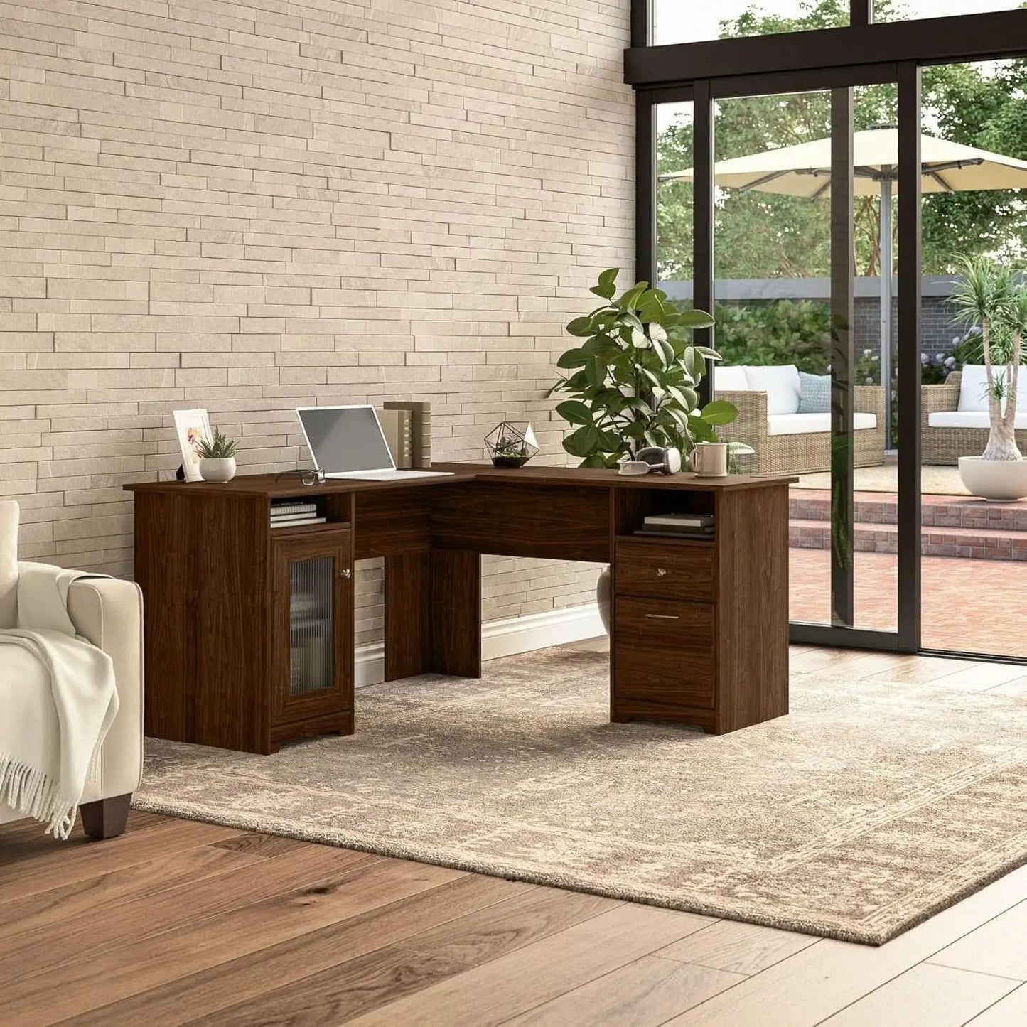 Modern Walnut L Shaped Computer Desk with Drawers from PriceLows™