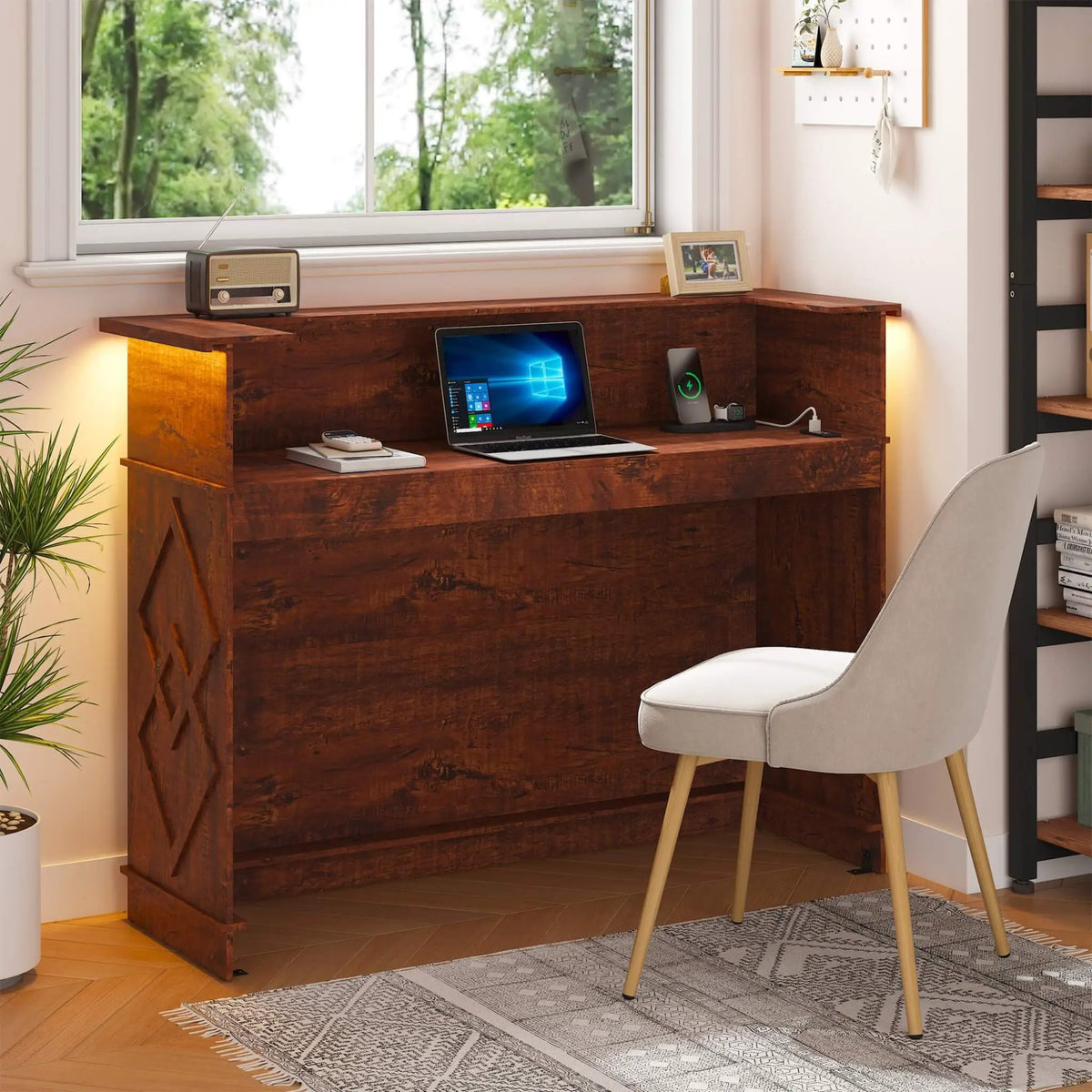 Standing Reception Desk | 52 Inch Modern Walnut | Laminate Countertop | Reinforced MDF Construction