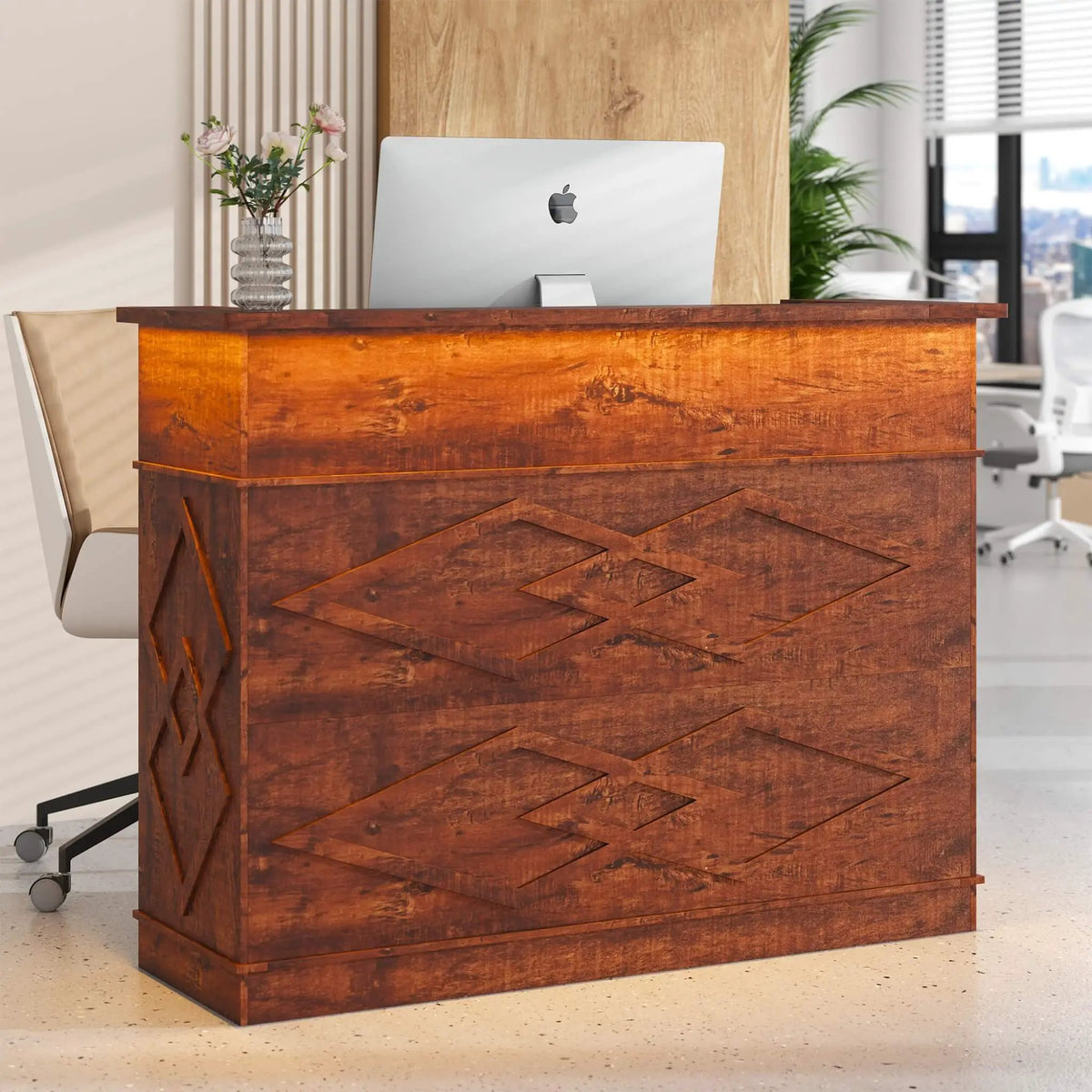 Standing Reception Desk | 52 Inch Modern Walnut | Laminate Countertop | Reinforced MDF Construction