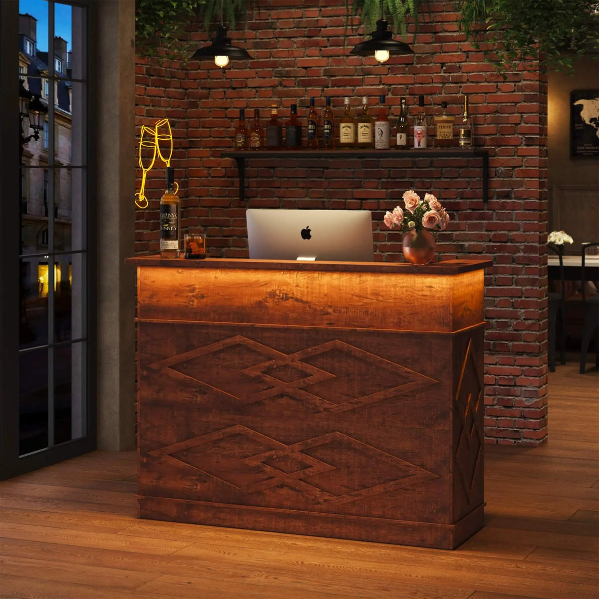 Standing Reception Desk | 52 Inch Modern Walnut | Laminate Countertop | Reinforced MDF Construction
