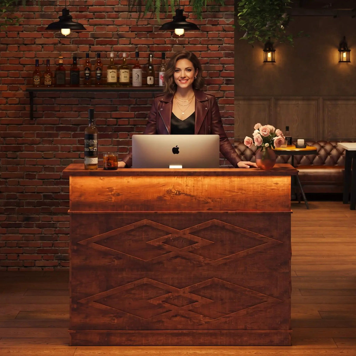 Standing Reception Desk | 52 Inch Modern Walnut | Laminate Countertop | Reinforced MDF Construction