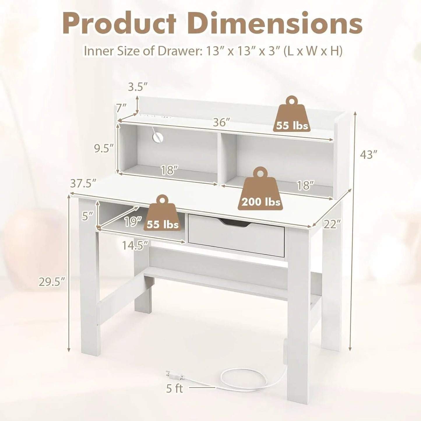 Modern White Computer Desk with Charging Ports and Storage from PriceLows™