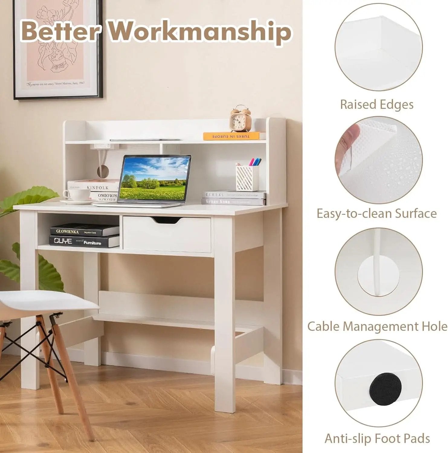 Modern White Computer Desk with Charging Ports and Storage from PriceLows™