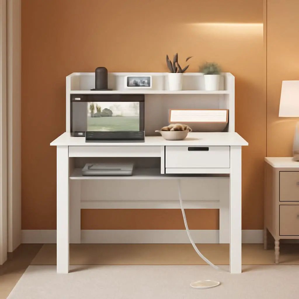 Modern White Computer Desk with Charging Ports and Storage from PriceLows™
