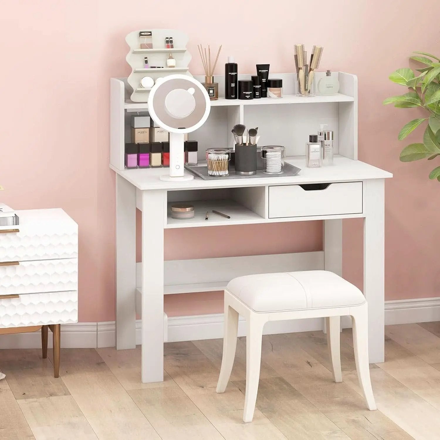 Modern White Computer Desk with Charging Ports and Storage from PriceLows™