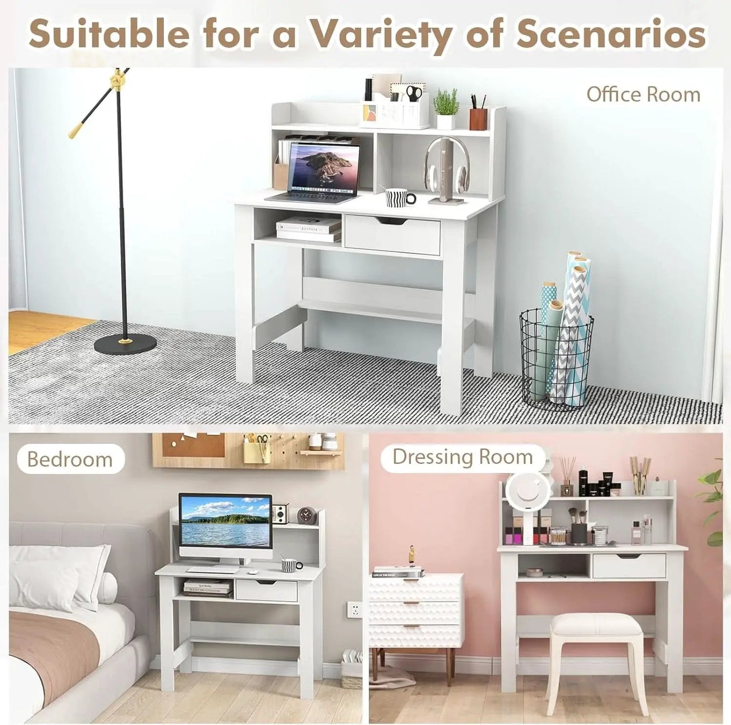 Modern White Computer Desk with Charging Ports and Storage from PriceLows™