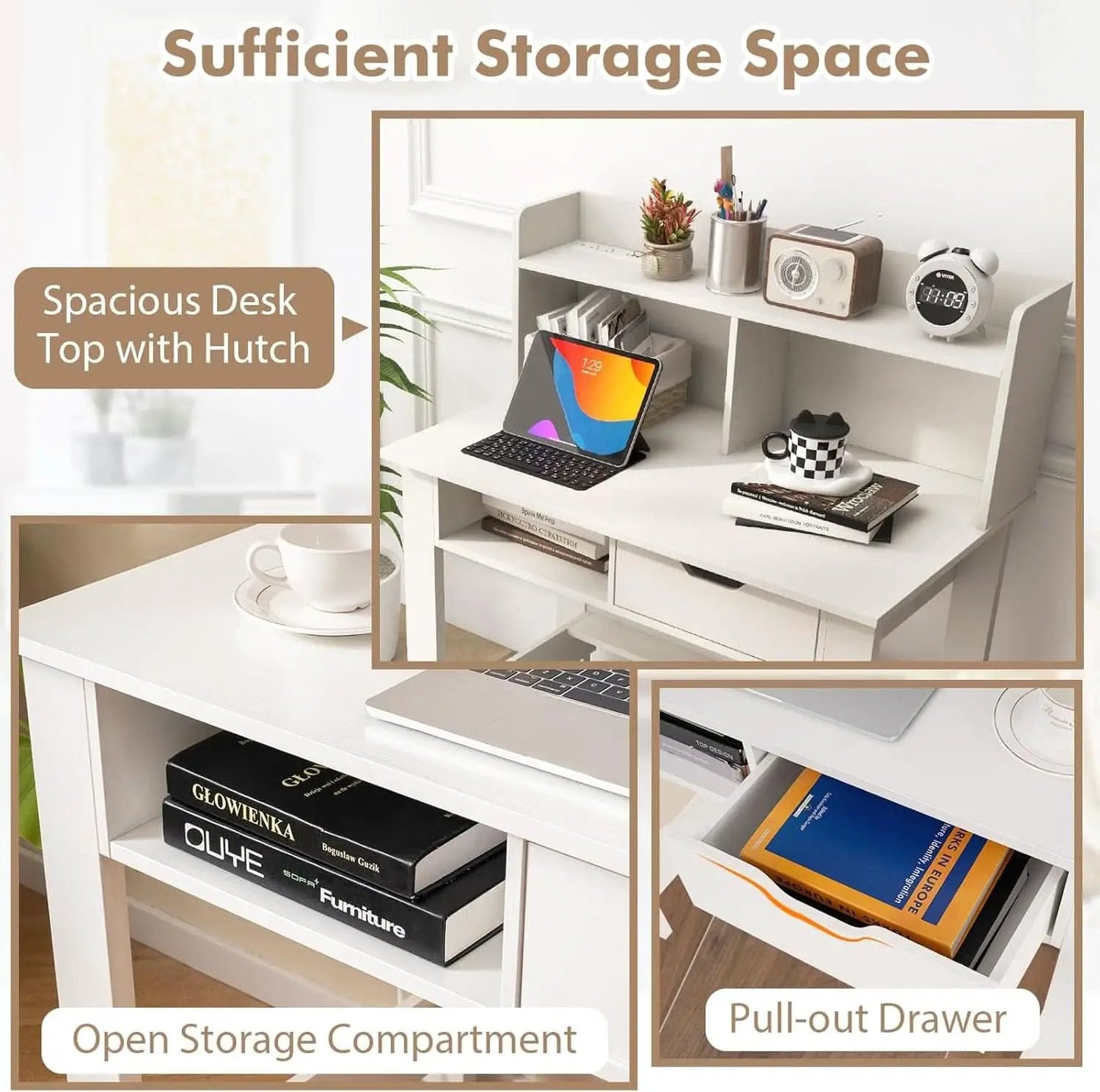 Modern White Computer Desk with Charging Ports and Storage from PriceLows™