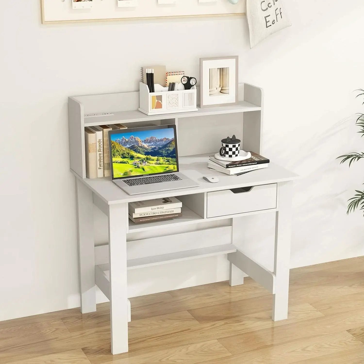 Modern White Computer Desk with Charging Ports and Storage from PriceLows™
