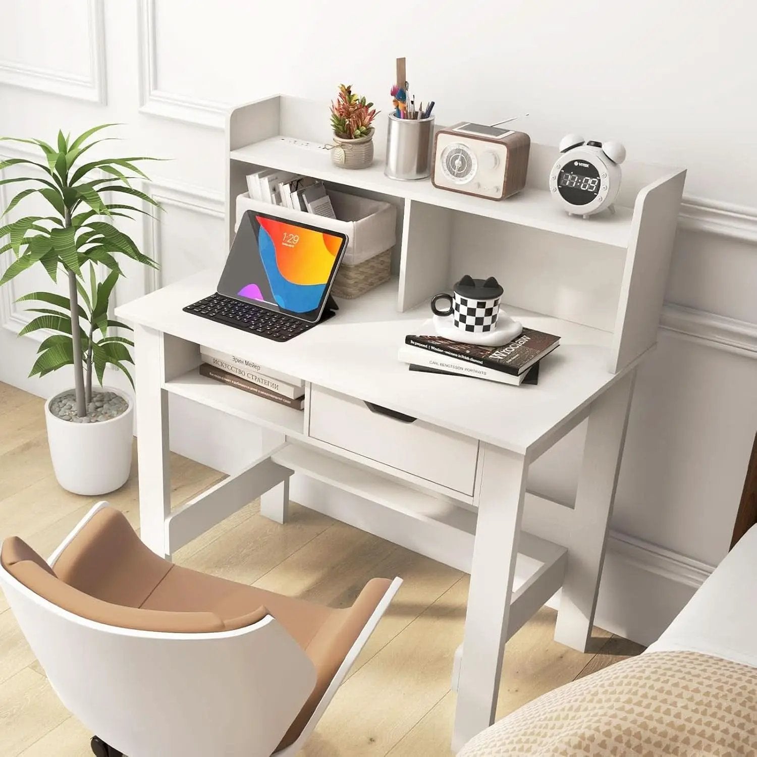Modern White Computer Desk with Charging Ports and Storage from PriceLows™