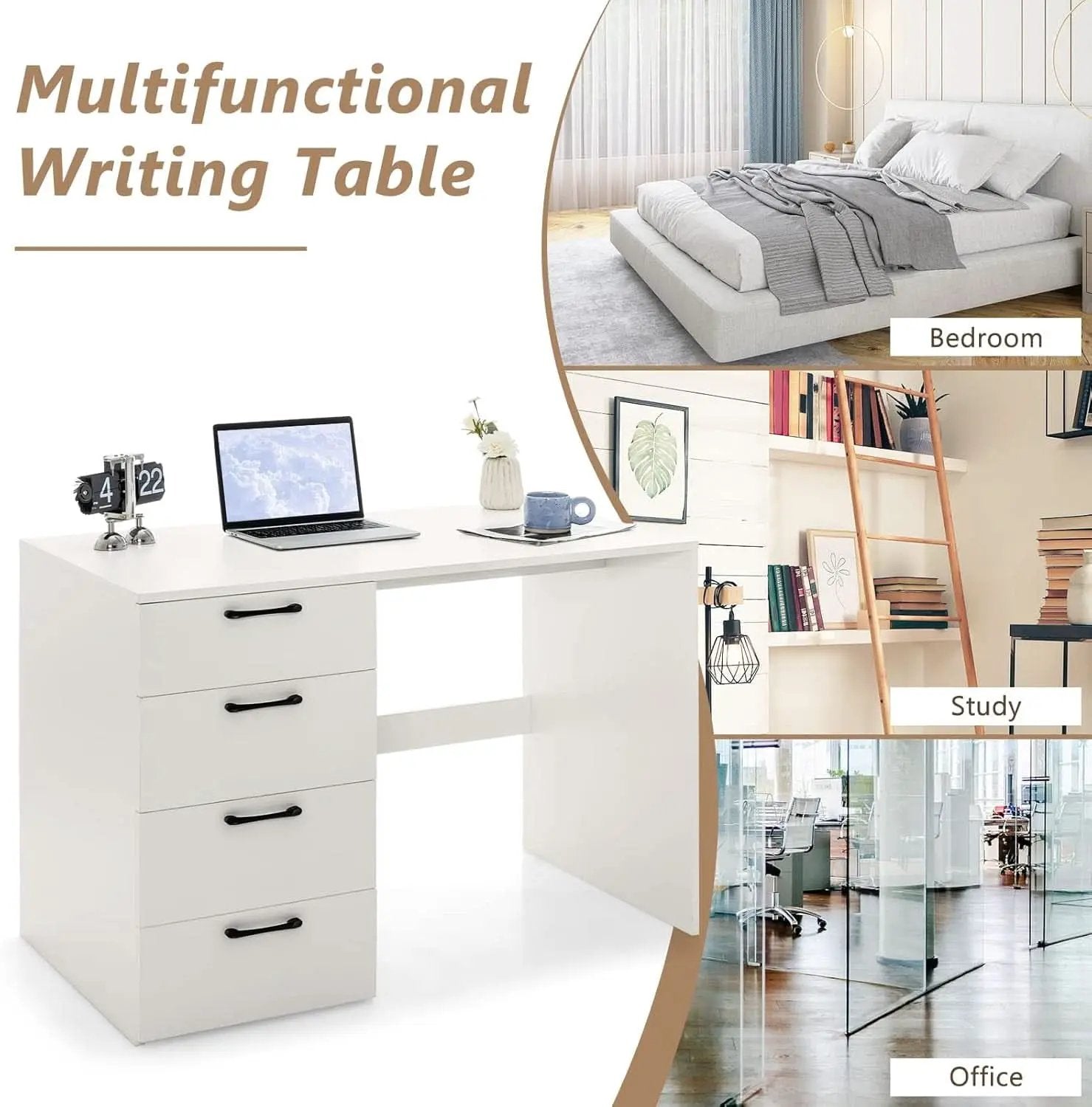 Modern White Computer Desk With Four Spacious Drawers from PriceLows™