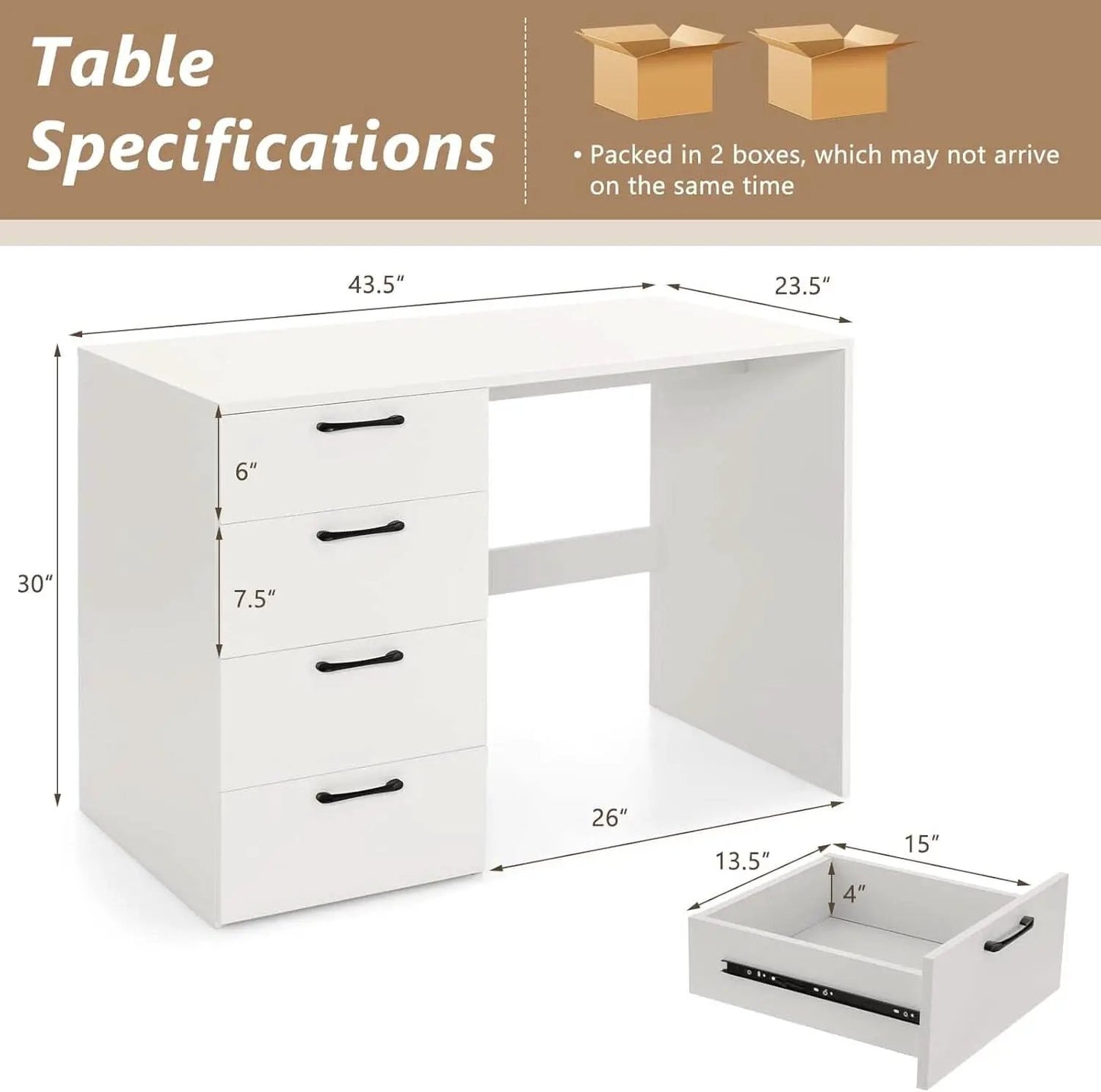 Modern White Computer Desk With Four Spacious Drawers from PriceLows™
